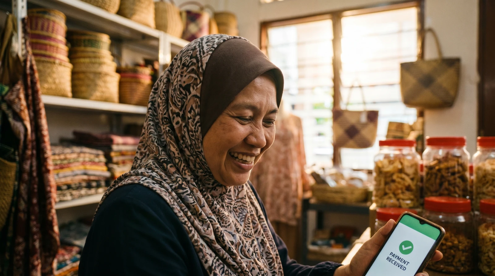 Pemilik perniagaan wanita Malaysia tersenyum melihat notifikasi pembayaran diterima pada telefon di kedainya