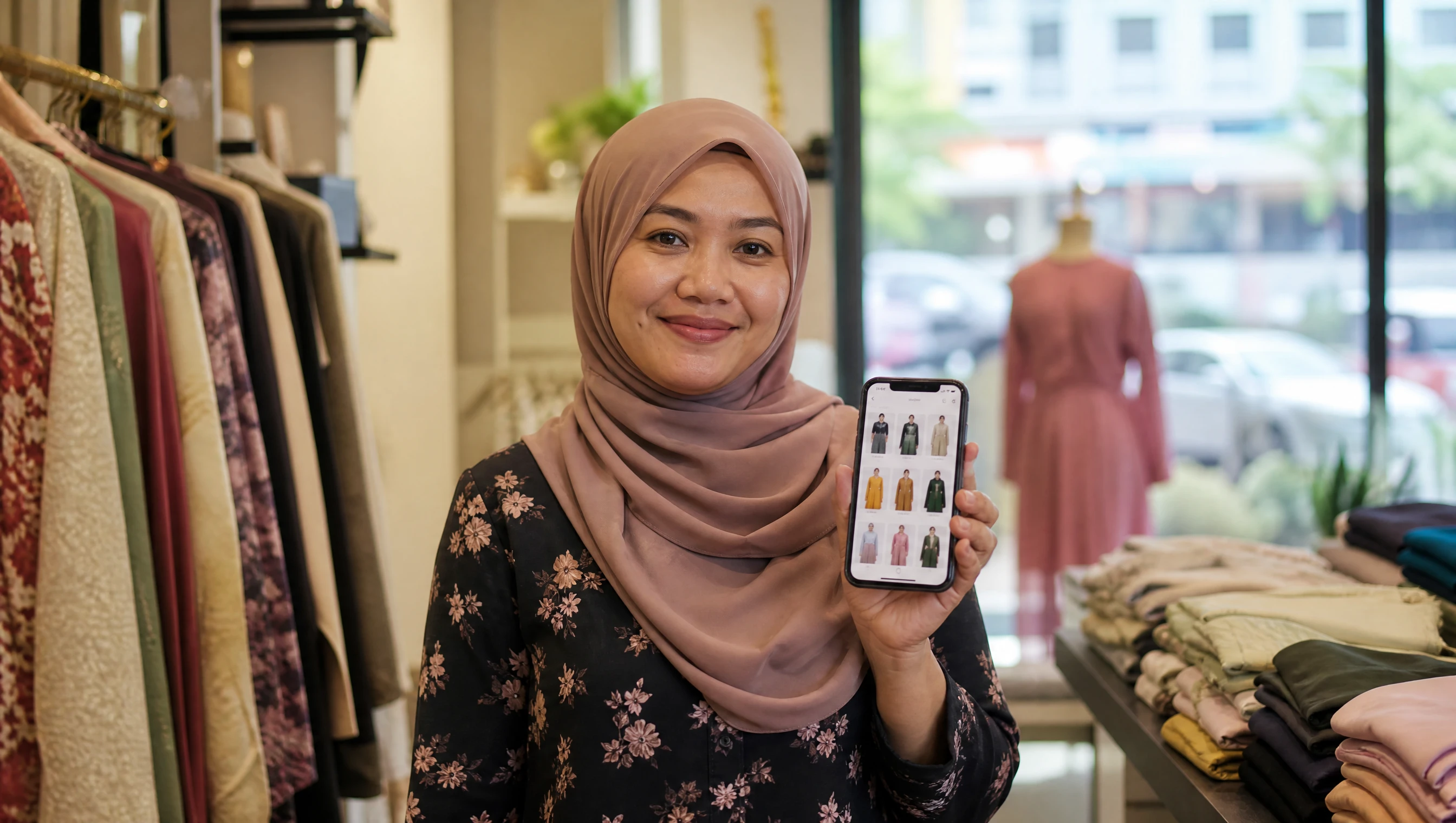 Peniaga wanita Melayu memegang telefon menunjukkan online store di skrin, di dalam butik pakaian kecil di Malaysia