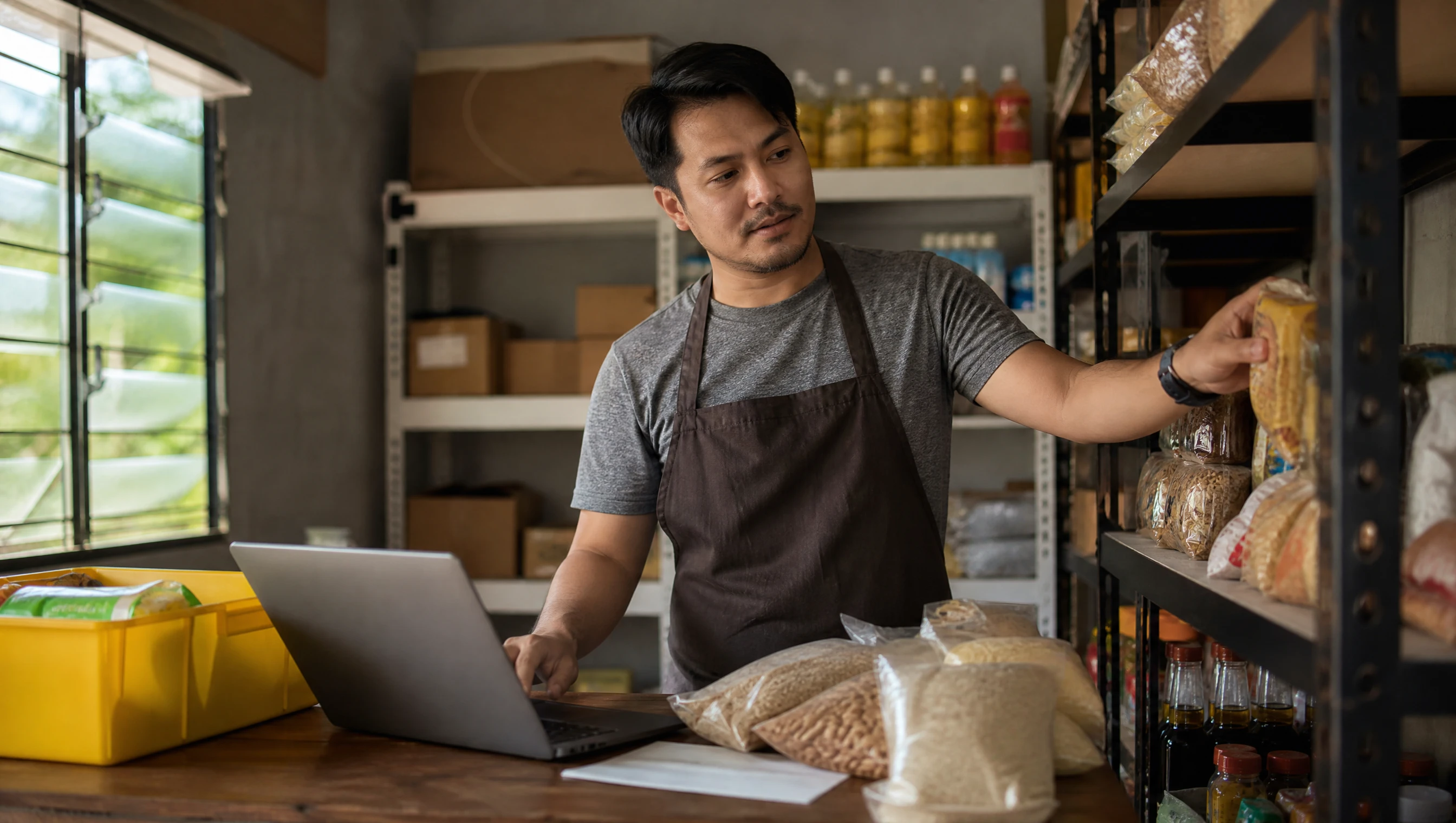 Pemilik kedai runcit online Malaysia menyusun bekalan produk sambil melihat pesanan berulang pada laptop
