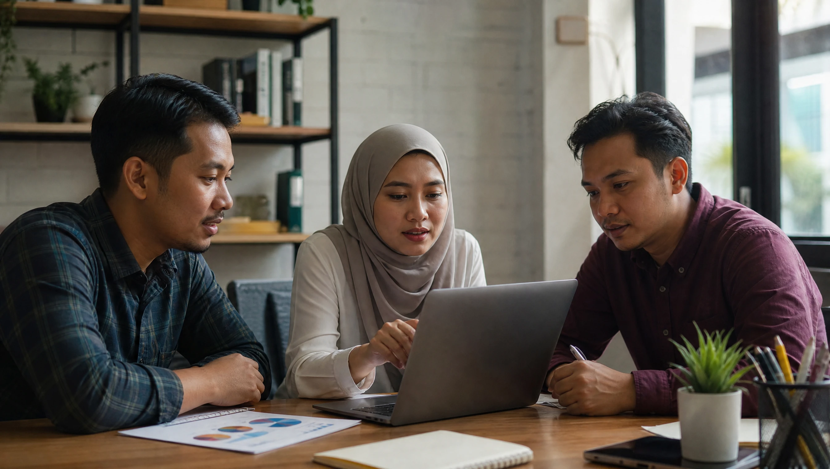 Pasukan kecil startup Malaysia berbincang di sekeliling laptop menganalisis data jualan online di pejabat kecil