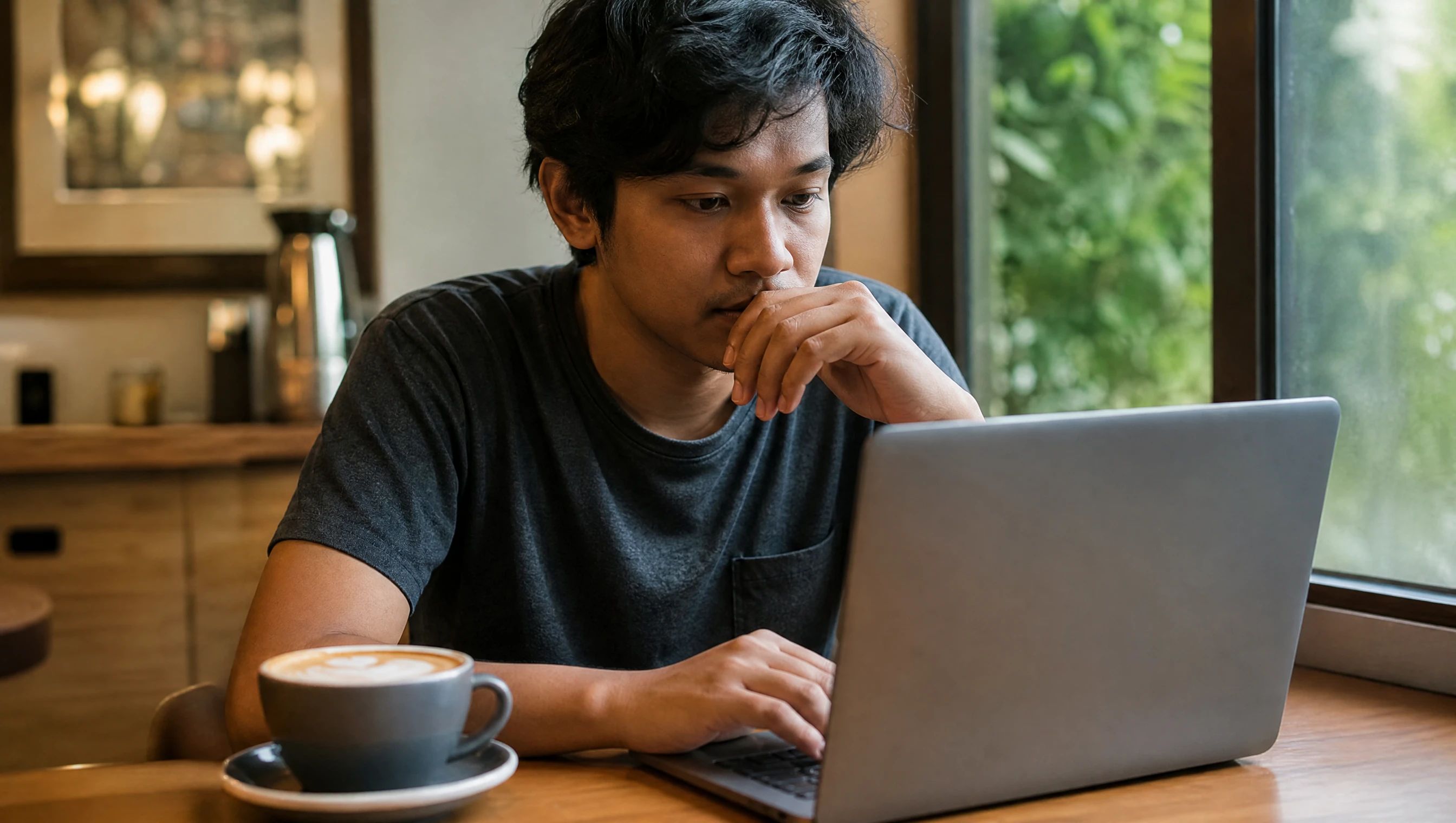Usahawan muda Malaysia melihat senarai nama domain yang tersedia di skrin laptop di kafe