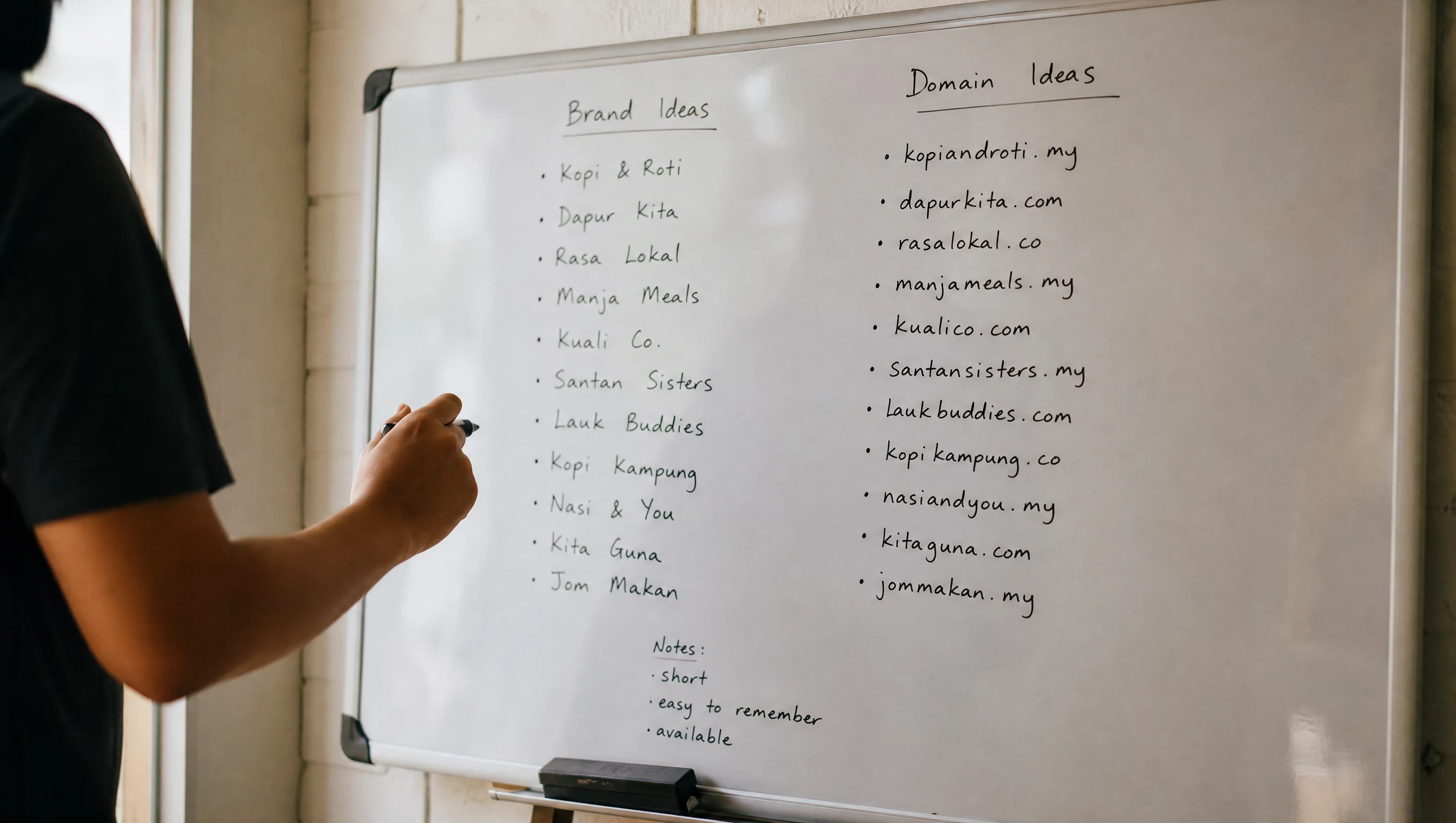 Papan tulis putih menunjukkan senarai idea nama jenama dan domain untuk bisnes kecil Malaysia