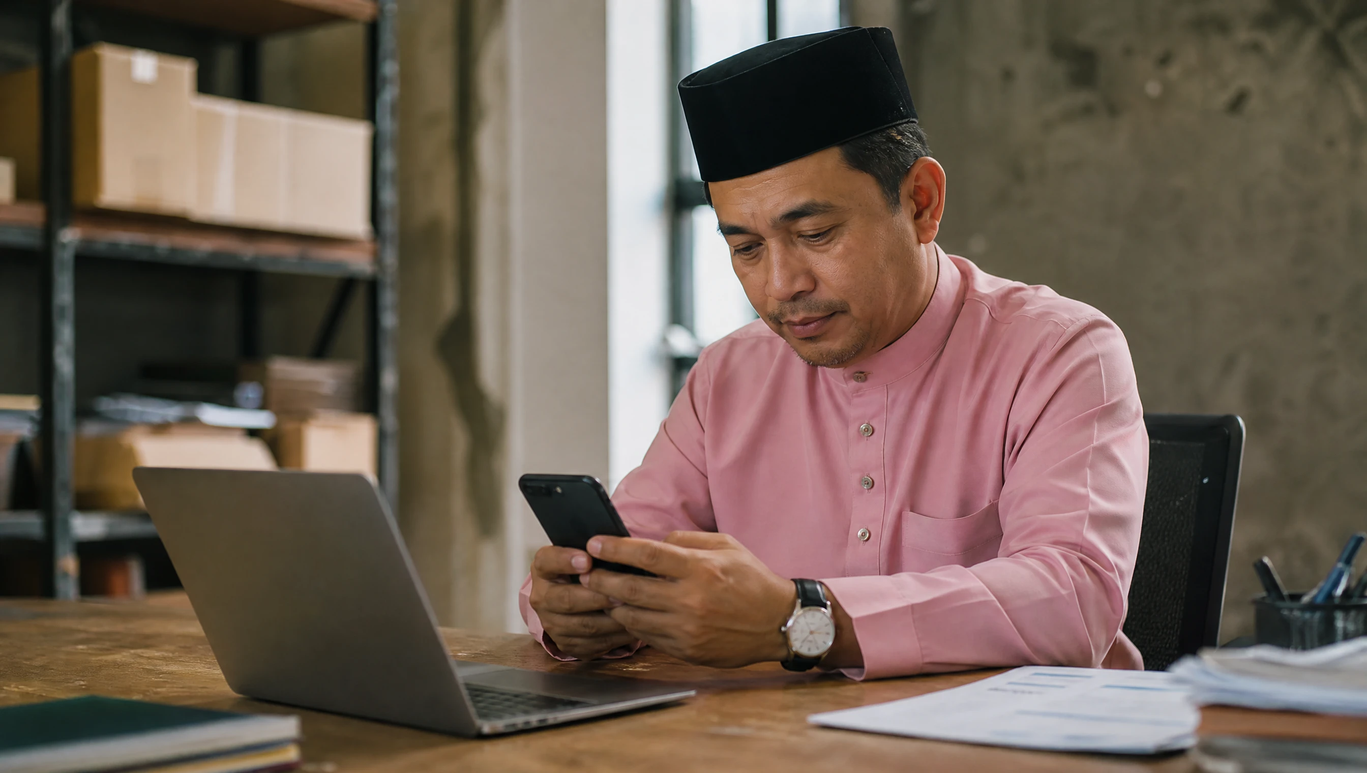 Pemilik bisnes Malaysia melayari website multi-page dengan banyak servis di telefon pintar