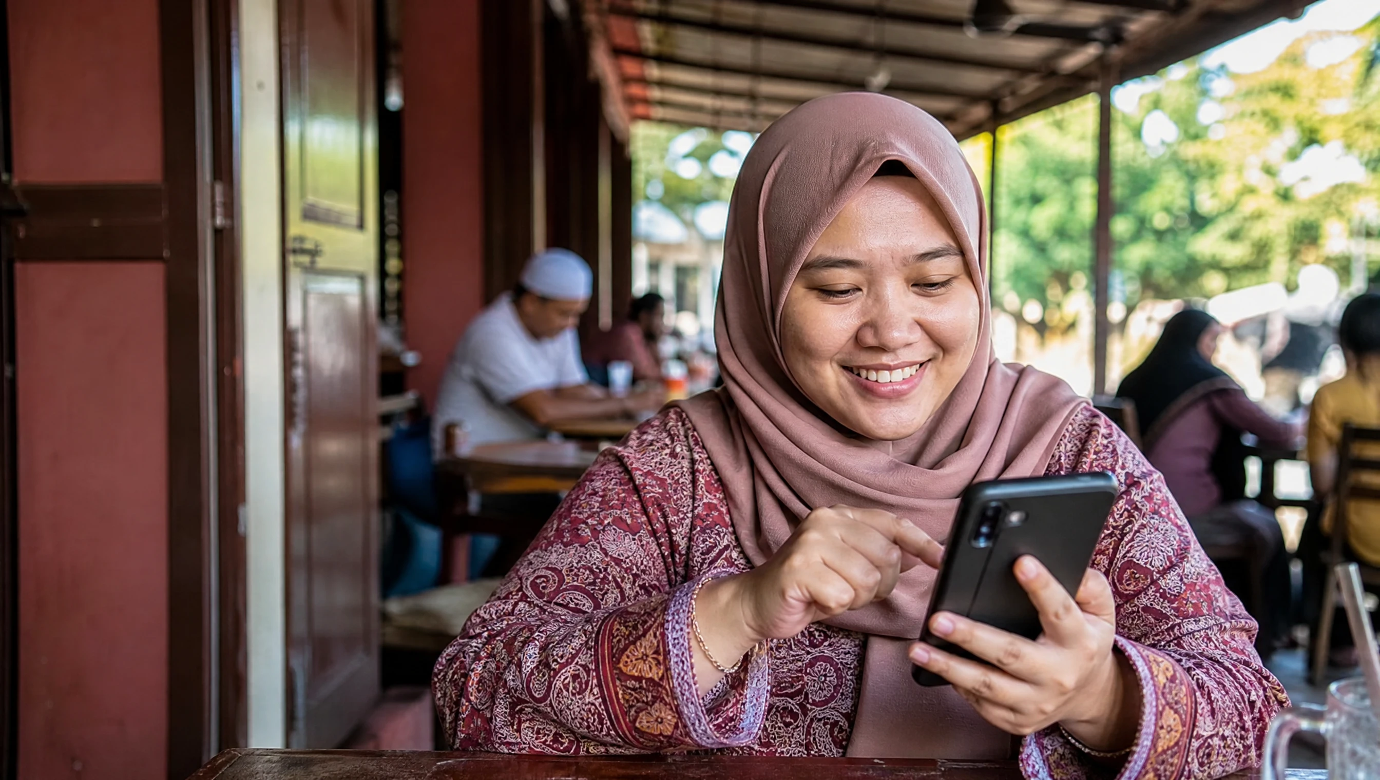 Pelanggan Kelantan meninggalkan review Google di telefon di luar restoran