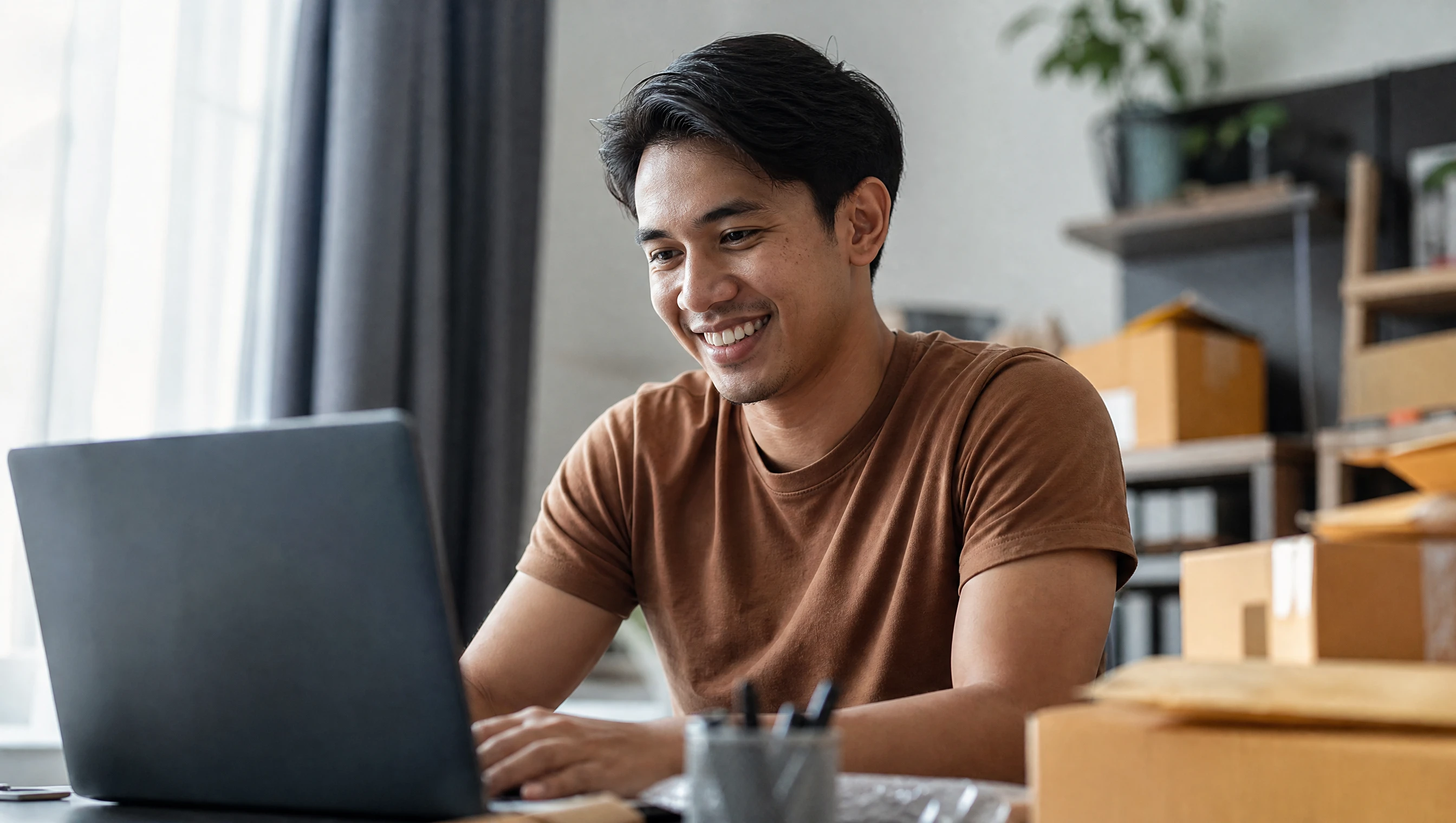 Happy young Malaysian man managing online orders on a laptop in a home office