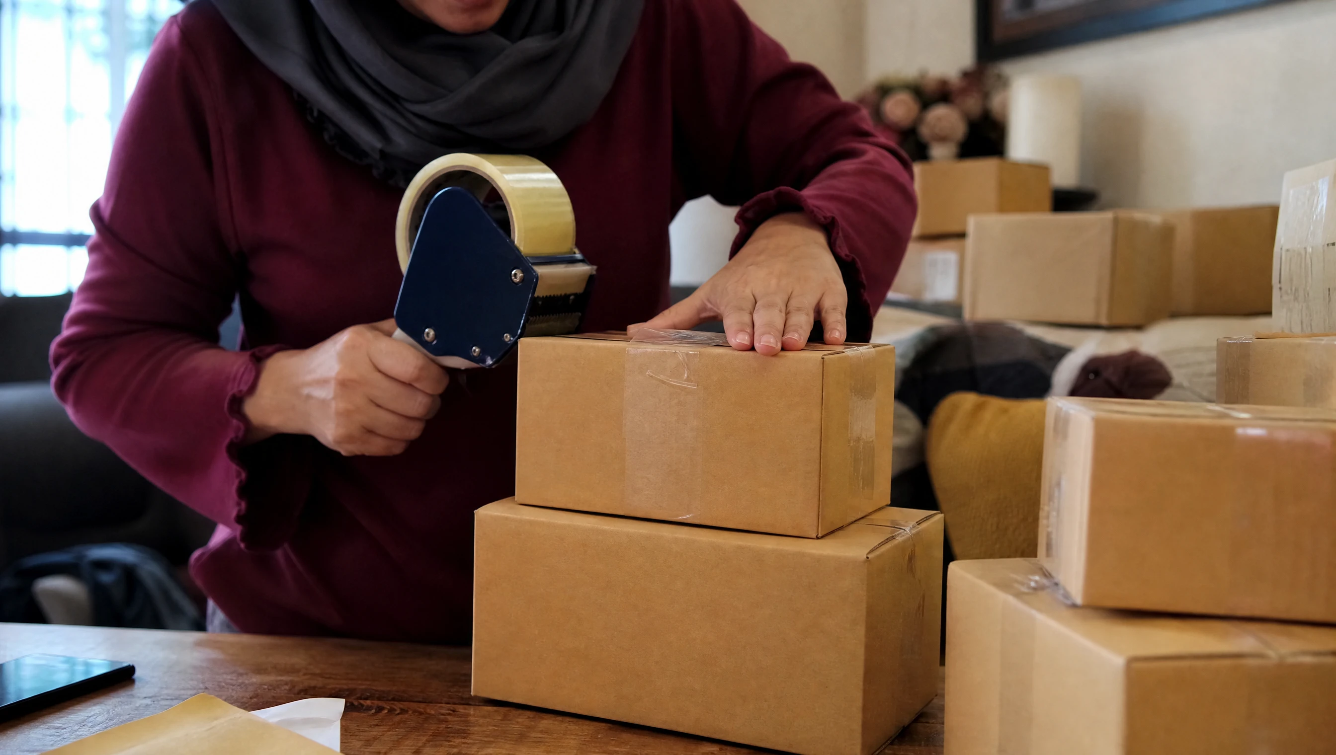 Hands taping and stacking brown parcel boxes in a Malaysian home business