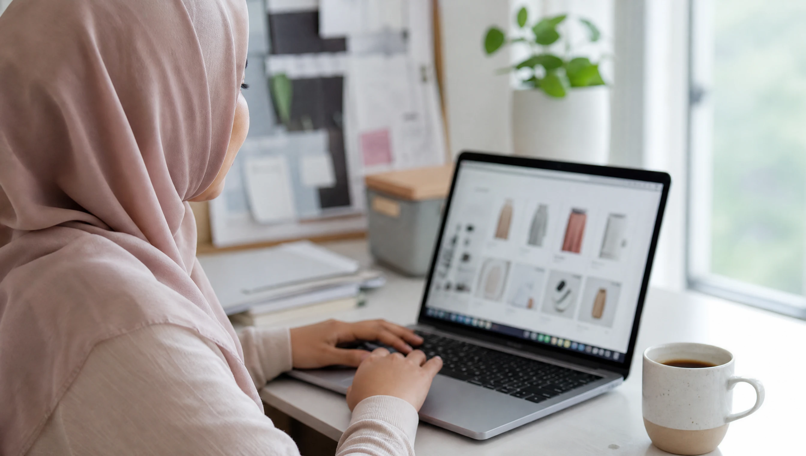 Malaysian business owner viewing their own branded online store on a laptop