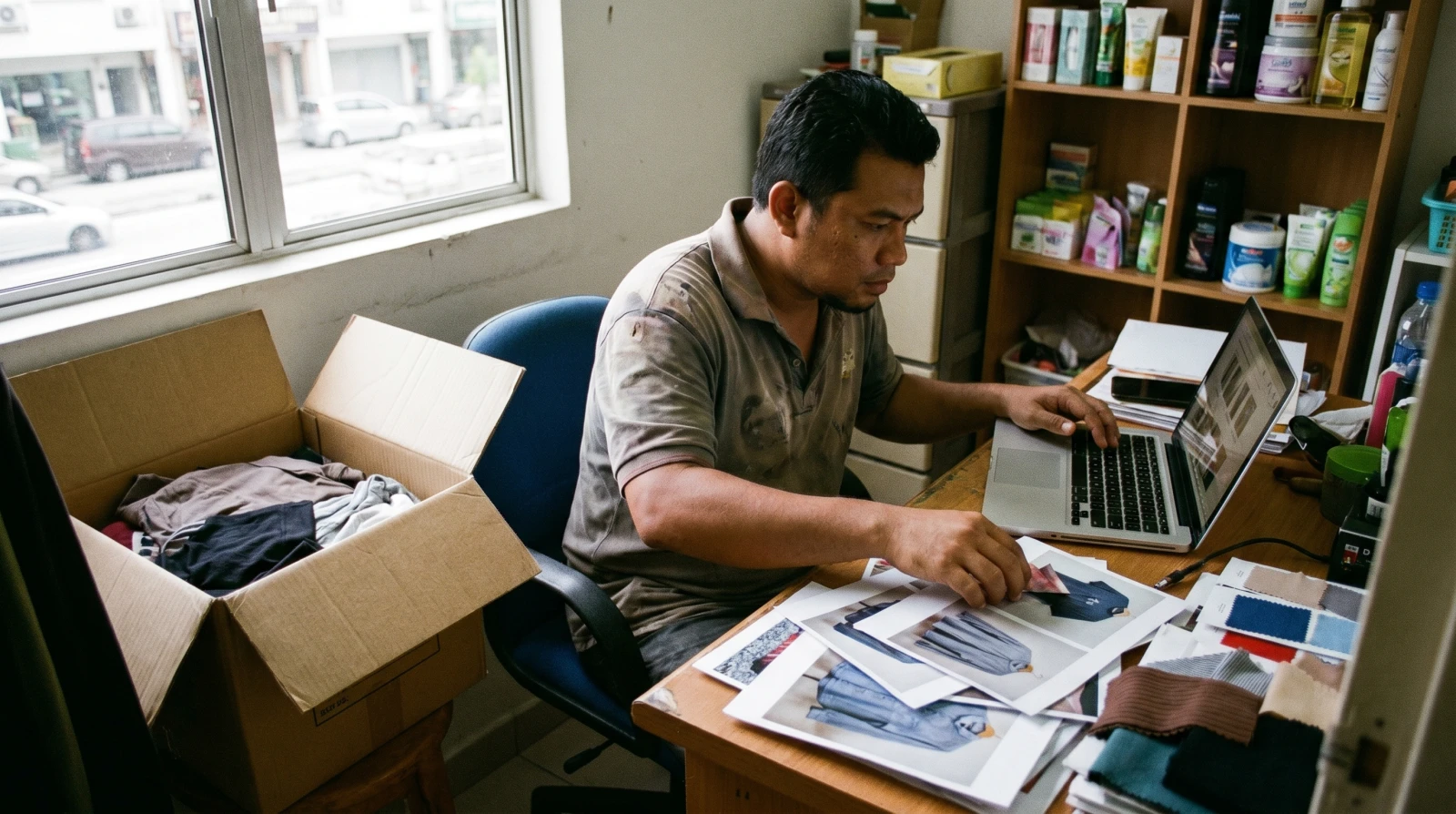 Peniaga lelaki Malaysia menguruskan kedai online di laptop sambil menyusun gambar produk pakaian