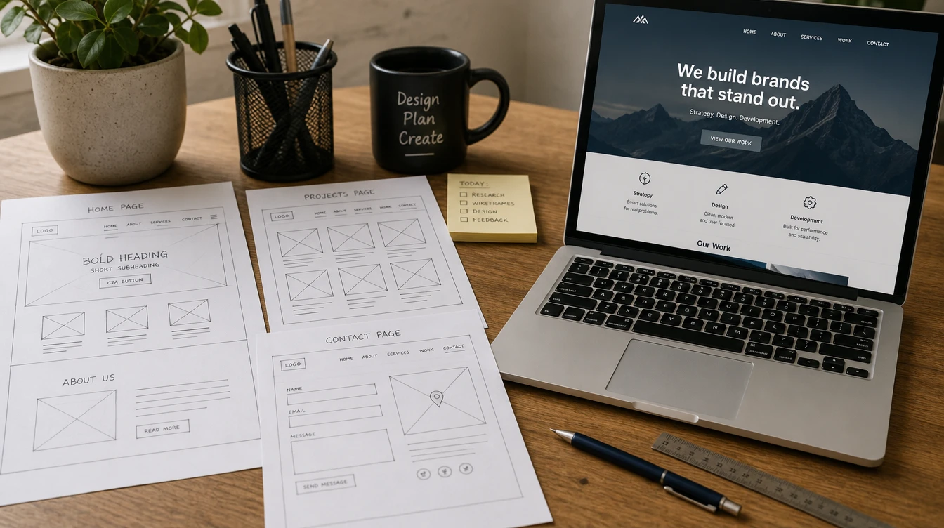 Web design wireframes and a planning session on paper