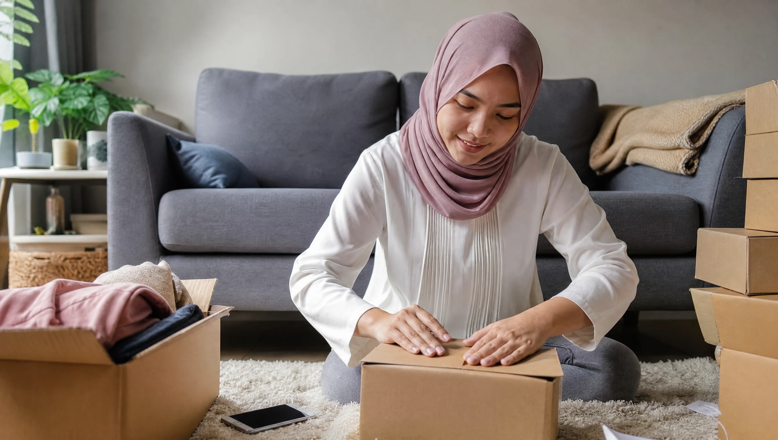Peniaga muda Malaysia membungkus pesanan online di rumah dengan kotak parcel dan telefon