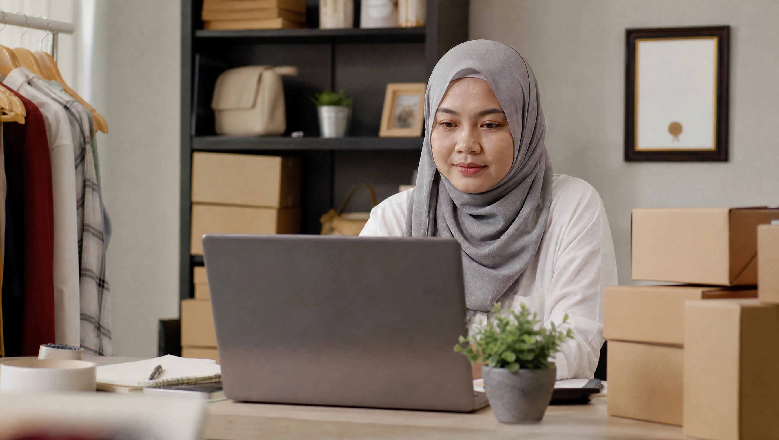Usahawan wanita Malaysia menguruskan kedai online sendiri di laptop dengan sijil pendaftaran bisnes di dinding