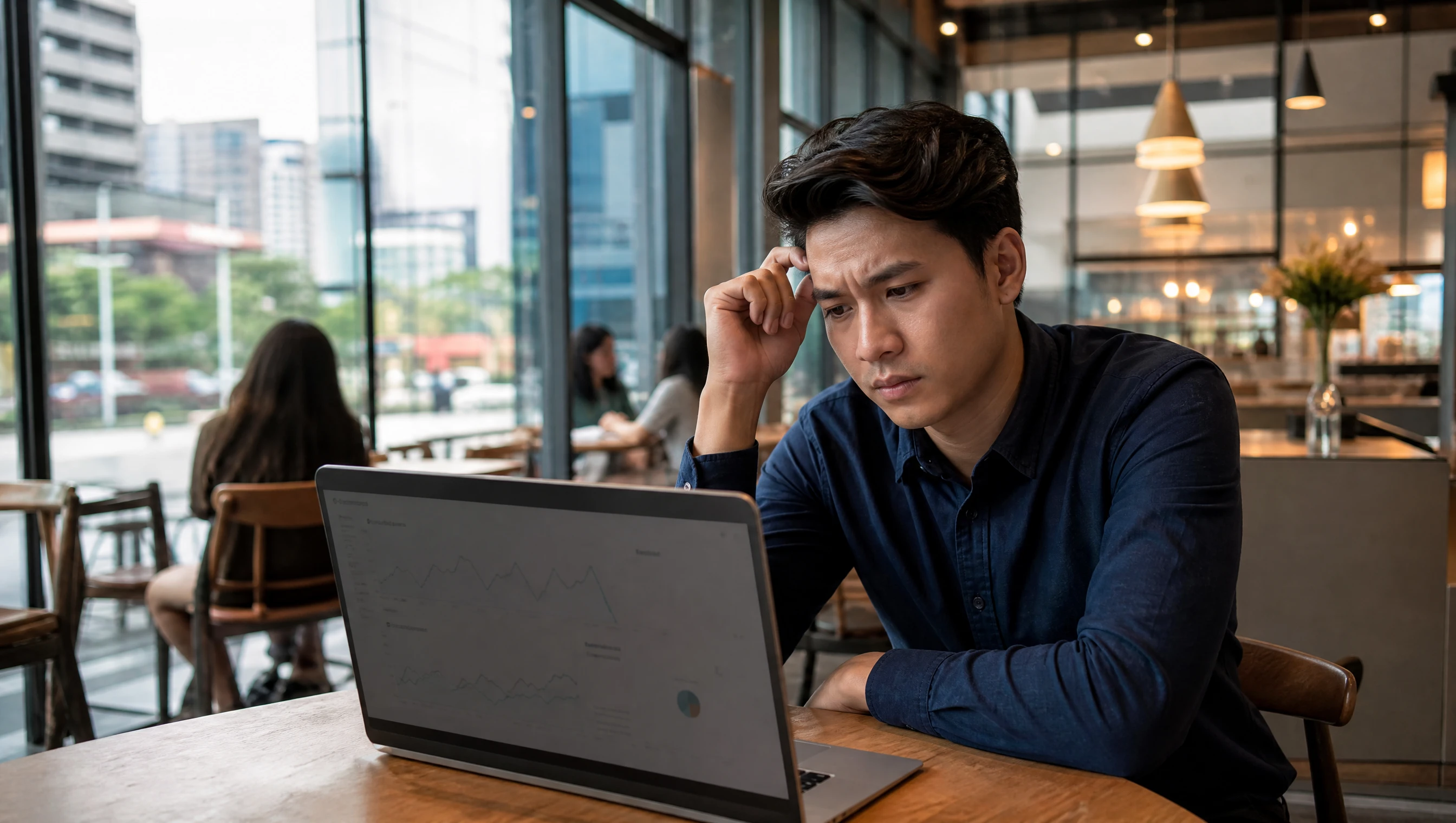 Peniaga muda Melayu tengok skrin laptop menunjukkan graf Google Analytics yang rendah di kafe Kuala Lumpur