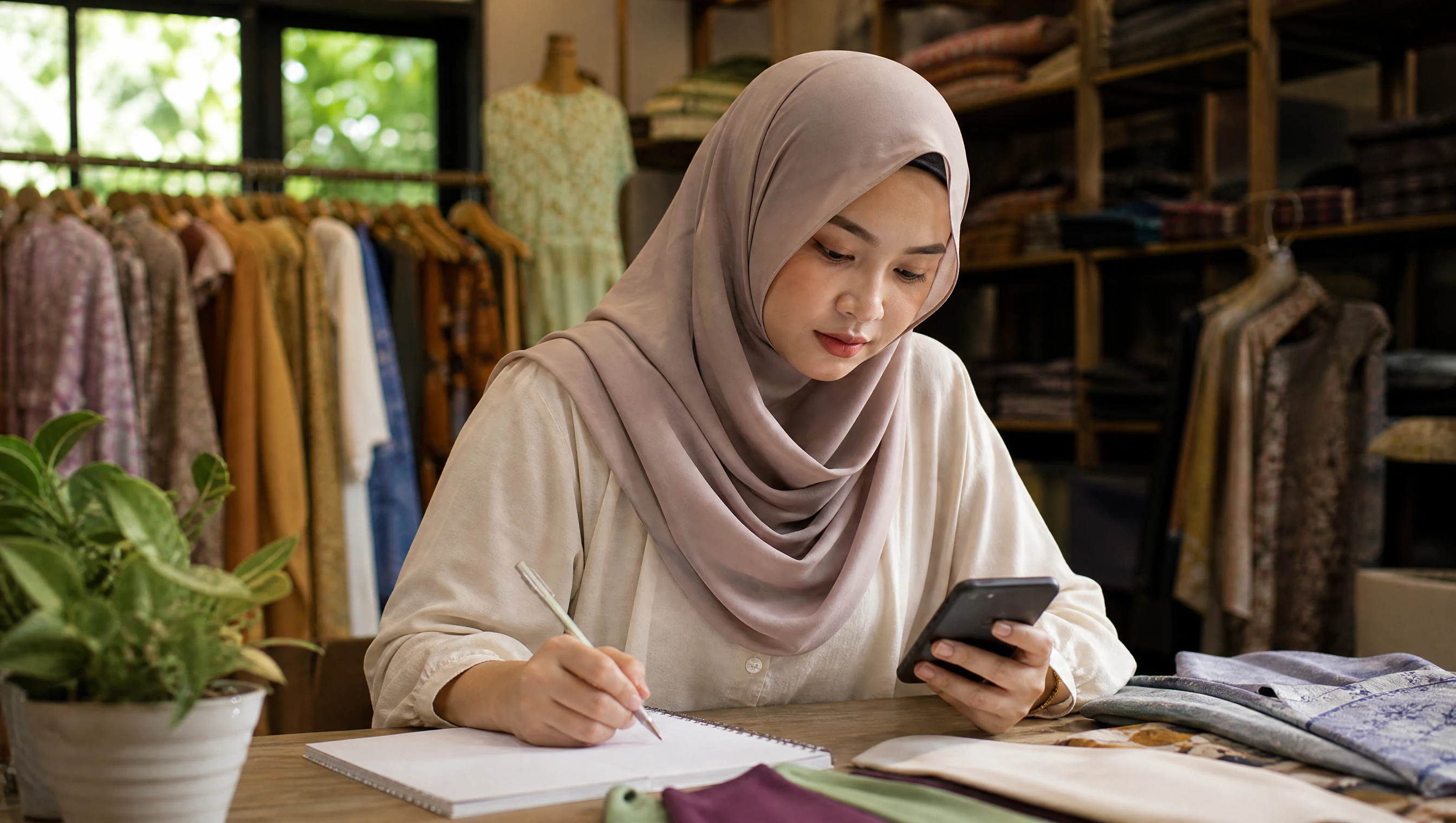 Wanita usahawan Melayu menulis idea content di buku nota sambil pegang telefon di kedai kecil