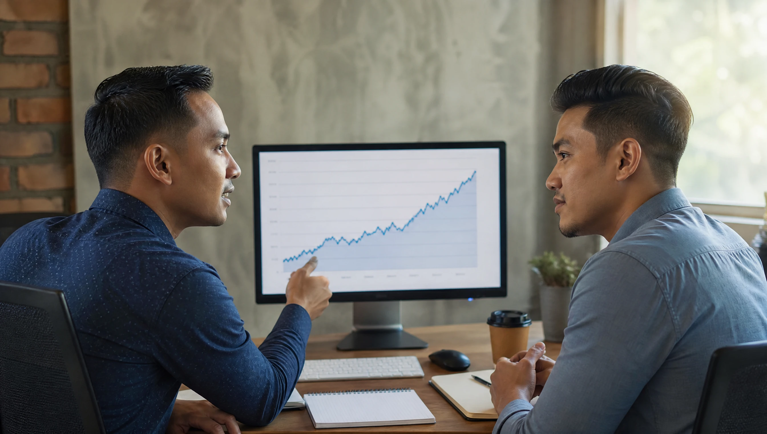 Dua rakan kongsi bisnes Malaysia berbincang strategi SEO di depan skrin yang menunjukkan graf traffic meningkat