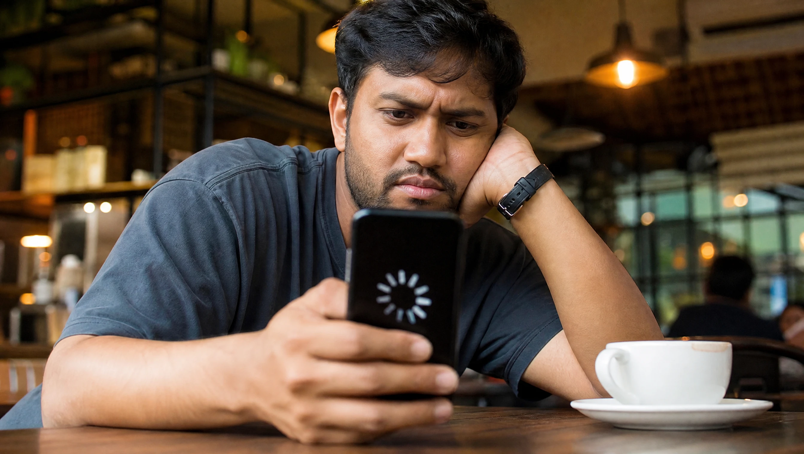 Pelanggan Malaysia kelihatan kecewa menunggu website loading pada telefon di kedai kopi