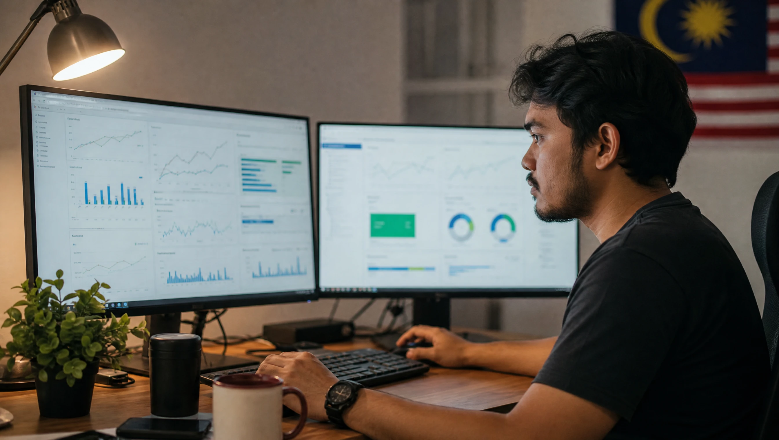 Juruteknik memeriksa prestasi website dan hosting pada dua skrin di pejabat teknologi Malaysia