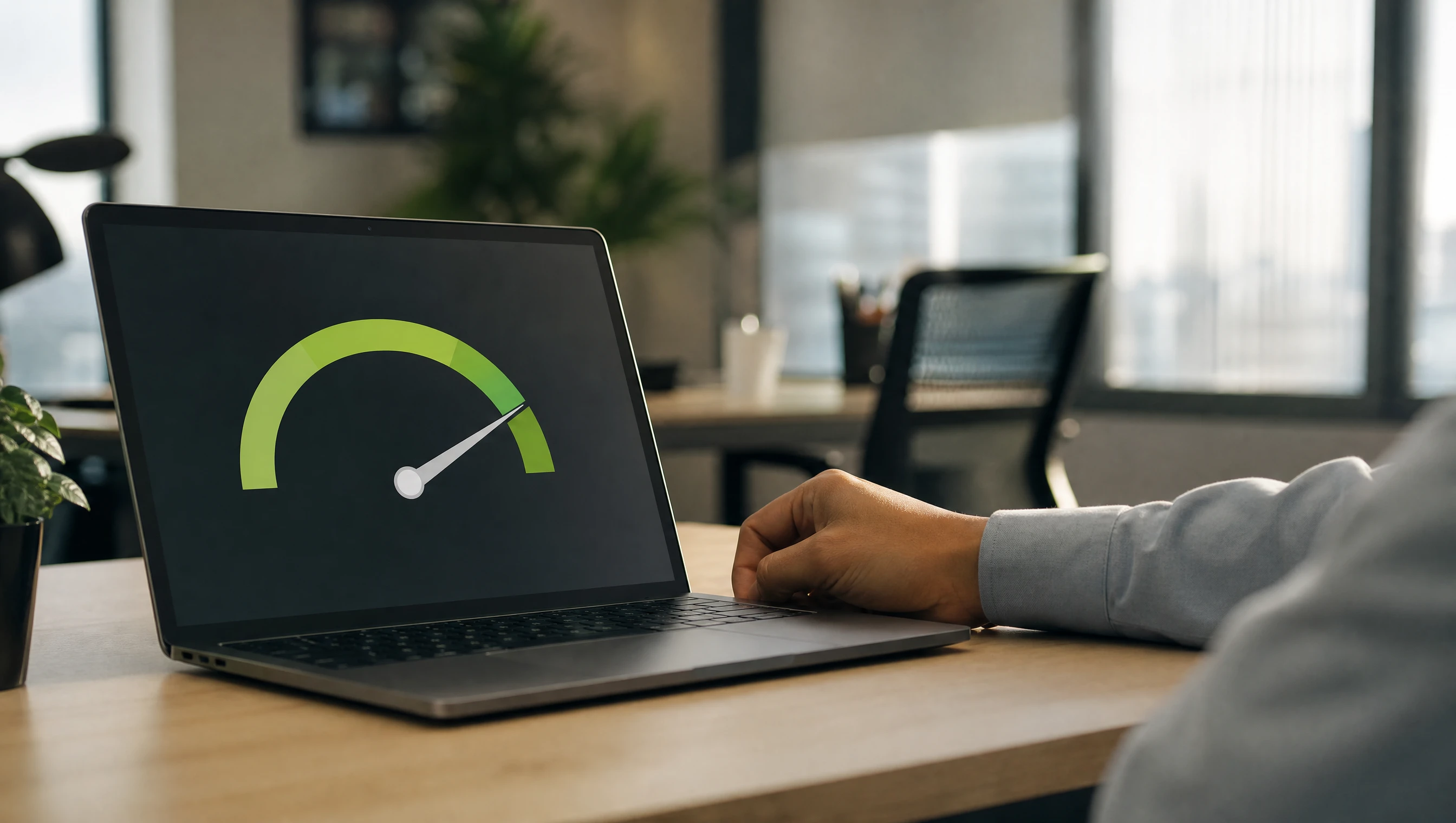 Skor kelajuan website yang tinggi dipaparkan pada laptop di meja pejabat Malaysia