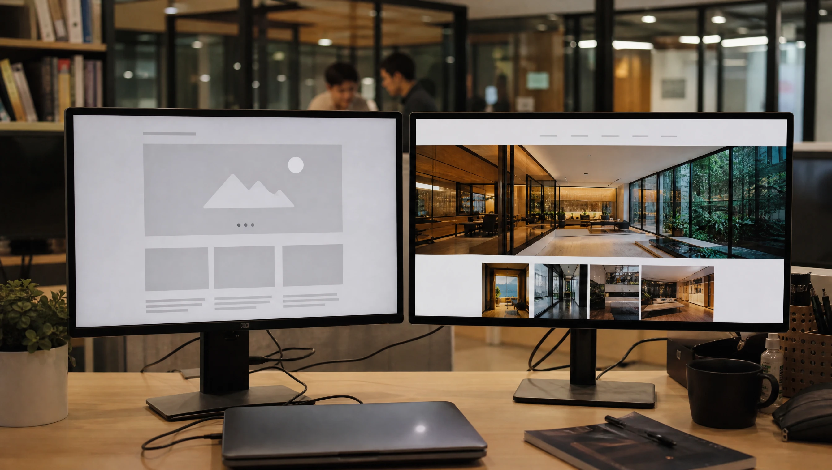 Dua skrin laptop bersebelahan menunjukkan website template biasa dan website reka bentuk khusus di pejabat Malaysia