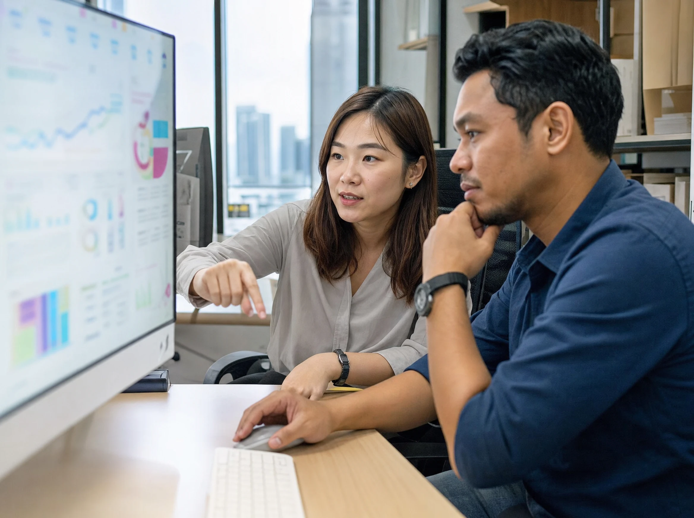 Two Malaysian colleagues reviewing a website analytics dashboard on a monitor in a KL office