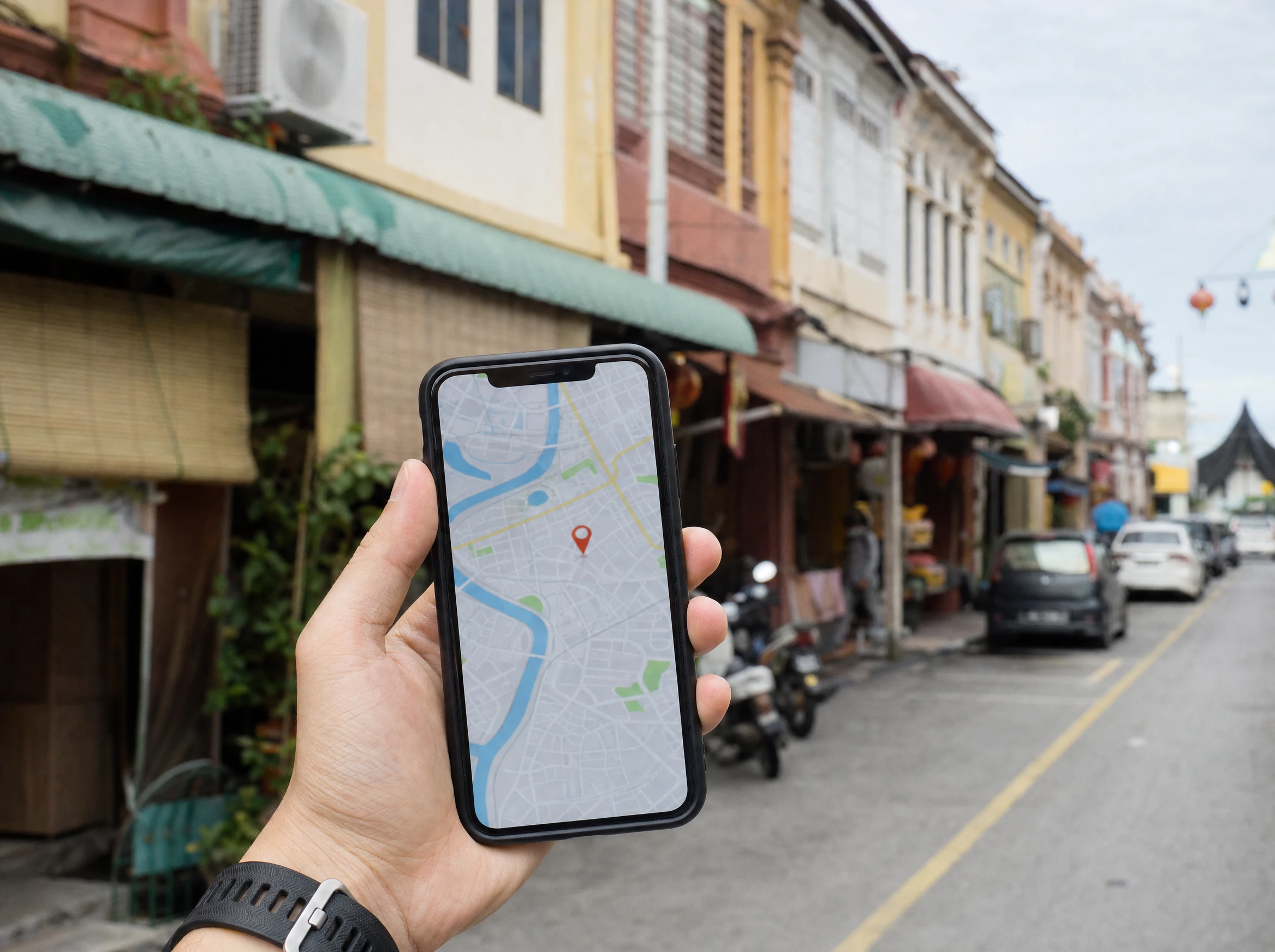 Hand holding a phone showing a map with a location pin on a Malaysian street of old shoplots