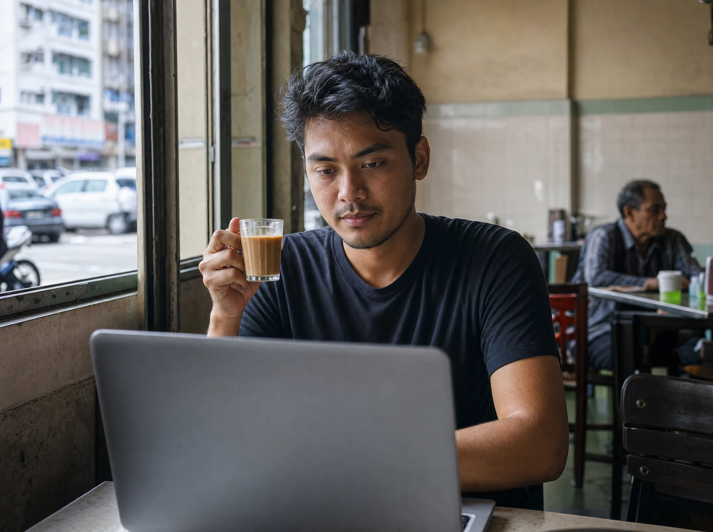 Young Malaysian man searching on a laptop at a kopitiam while holding a glass of teh tarik
