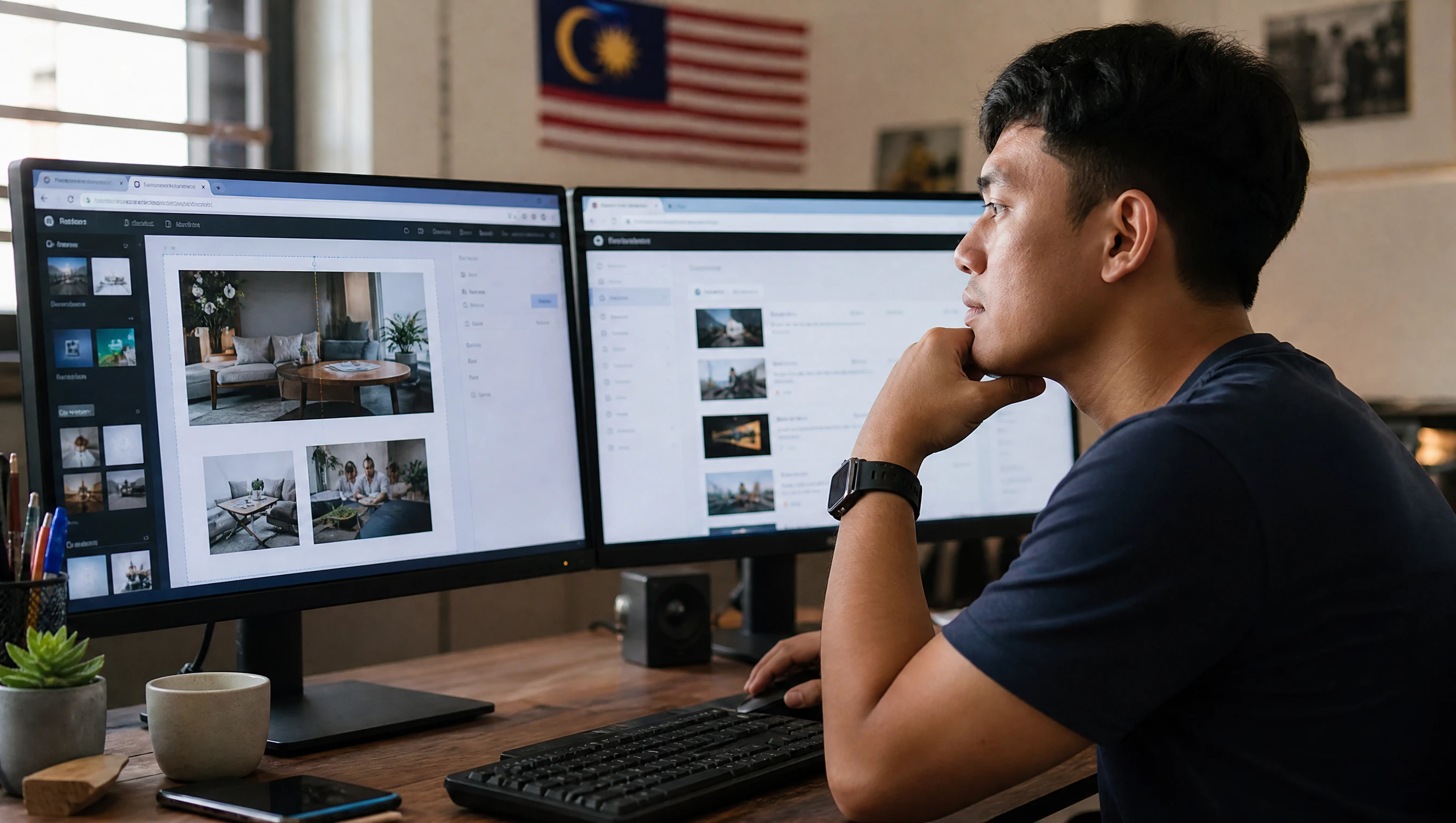 Dua skrin komputer bersebelahan menunjukkan editor Wix dan dashboard WordPress di meja kerja usahawan Malaysia