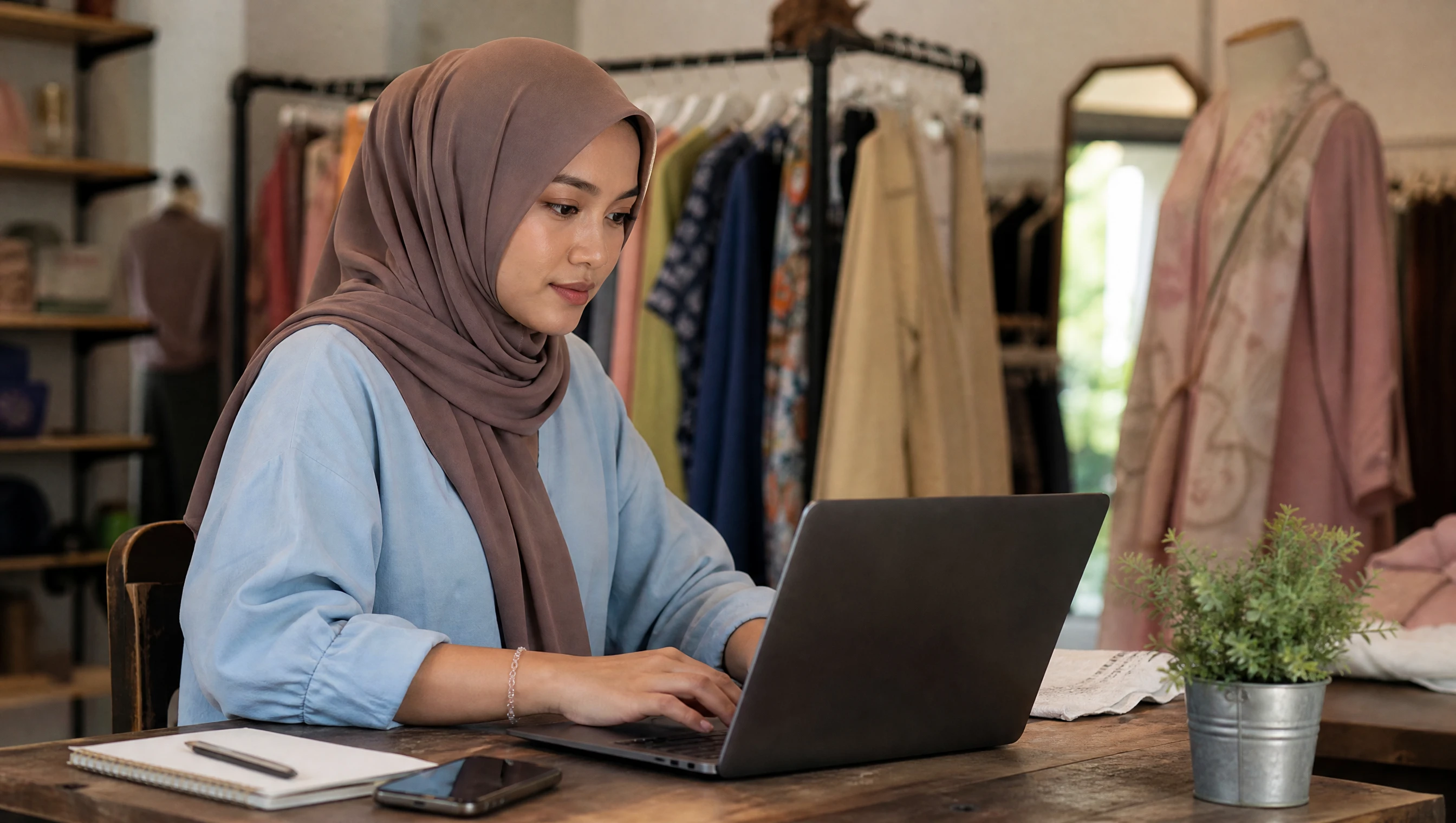 Usahawan wanita Malaysia bertudung sedang mengemas kini kandungan website di komputer riba di kedai butik kecil