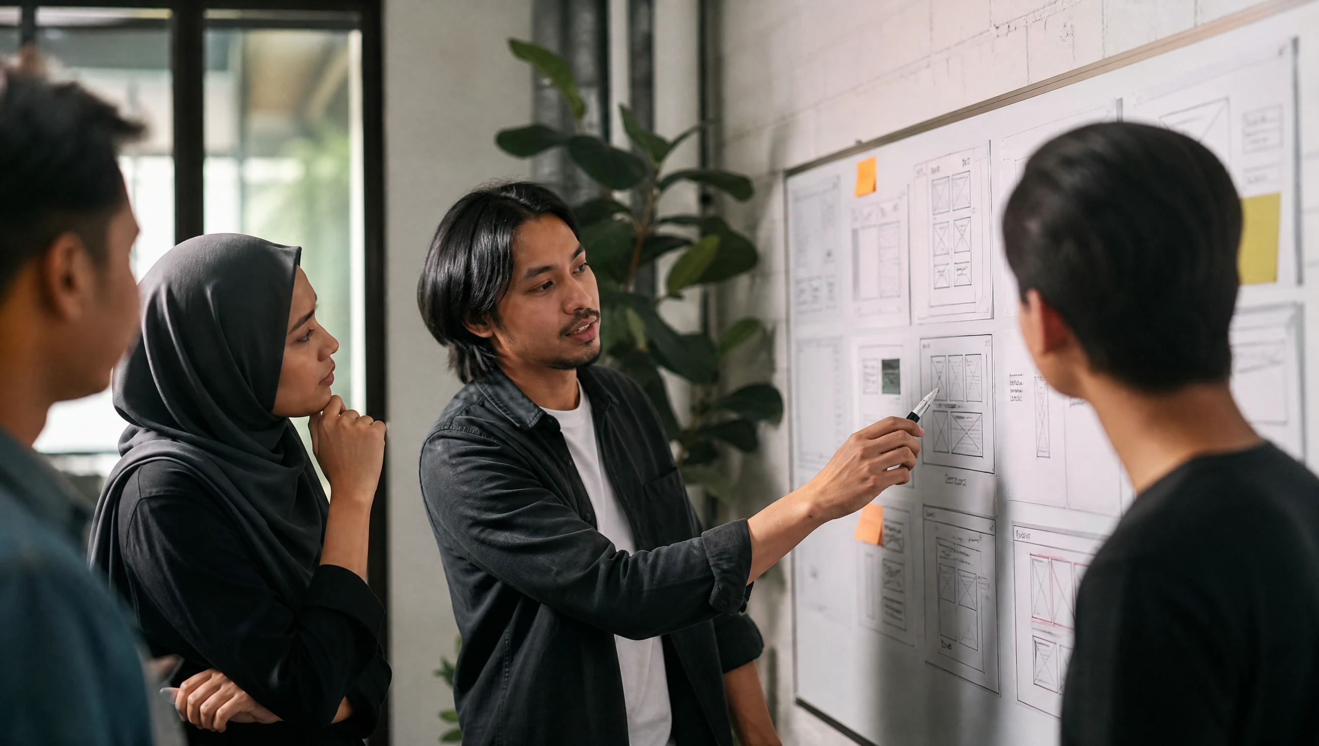 Pasukan pereka website Malaysia berbincang lakaran reka bentuk laman web di papan putih di studio kreatif