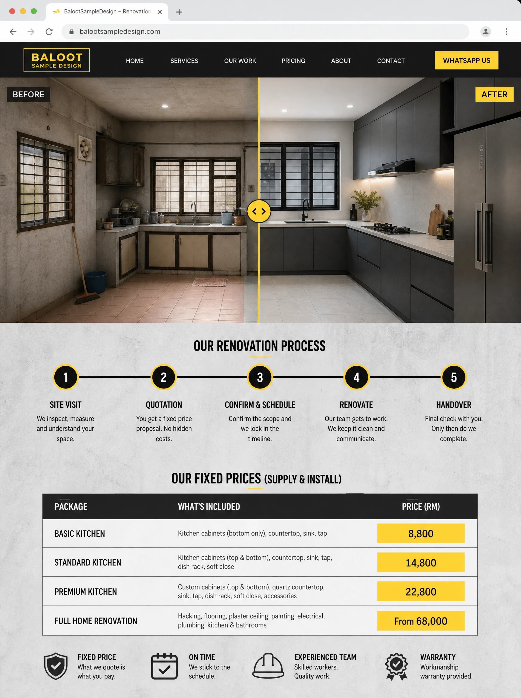 Renovation Contractor website design concept by Baloot.my — full homepage layout for a Malaysian renovation contractor business