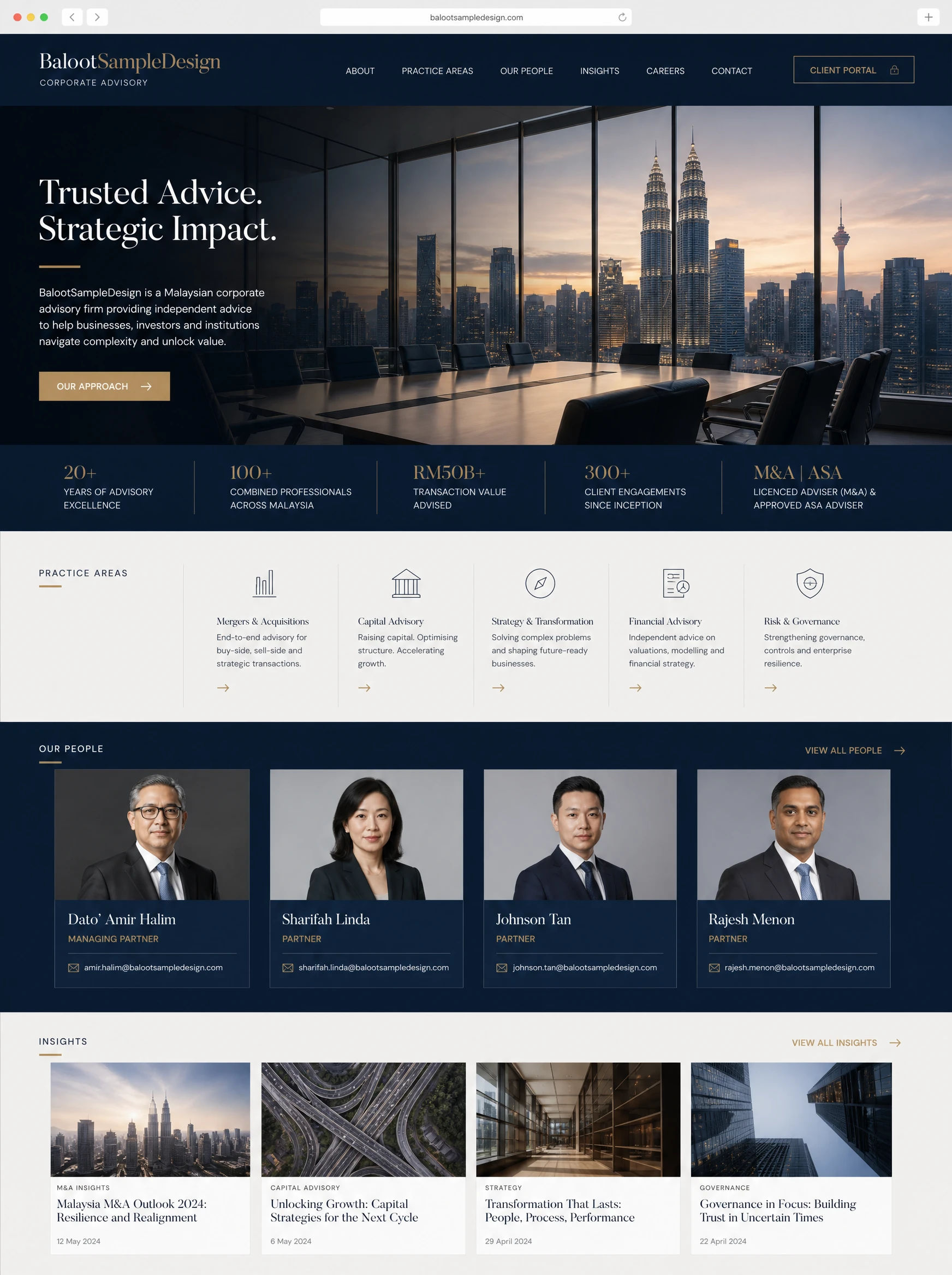 Corporate Advisory website design concept by Baloot.my — full homepage layout for a Malaysian corporate advisory business
