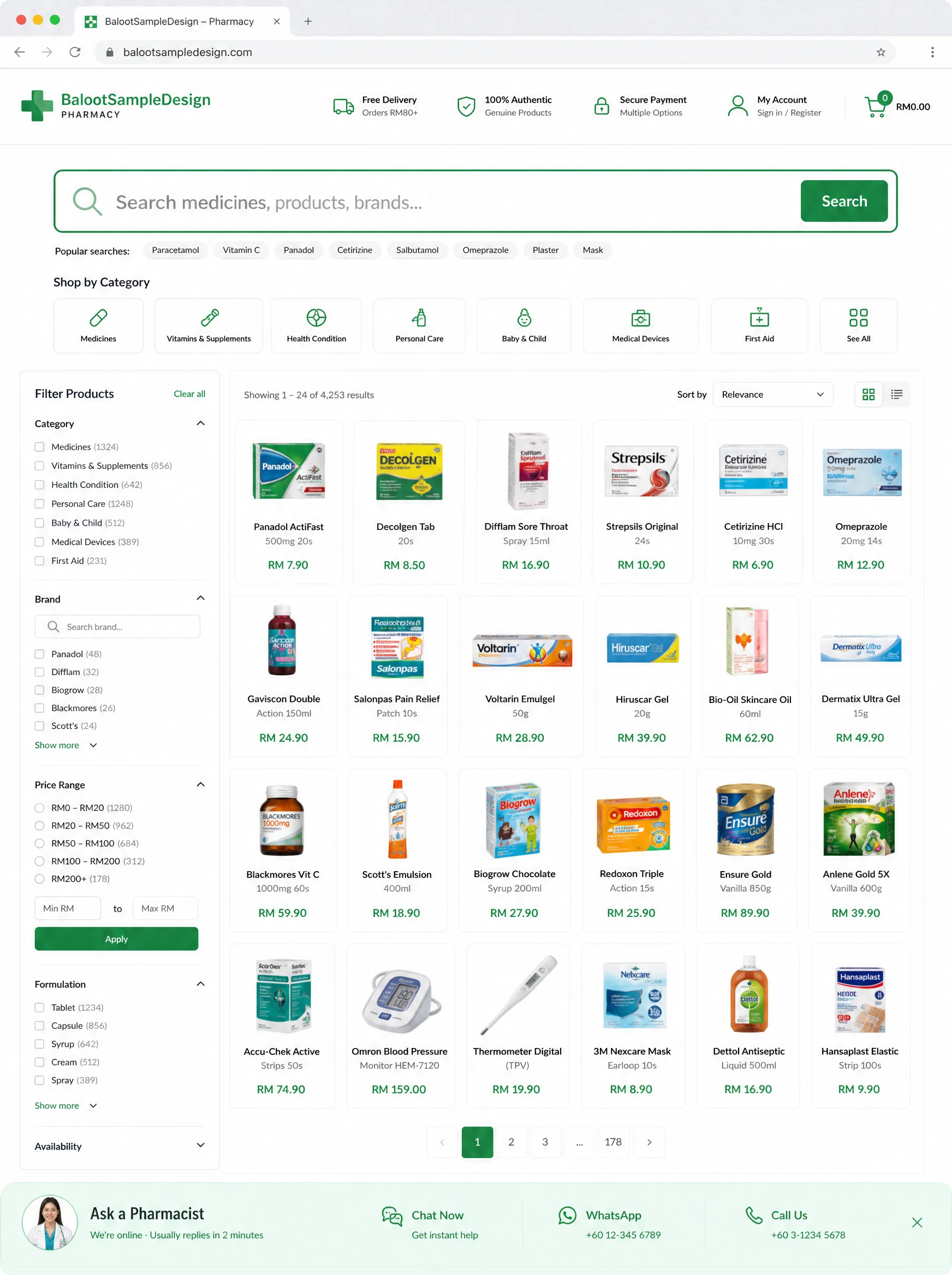 Pharmacy website design concept by Baloot.my — full homepage layout for a Malaysian pharmacy business