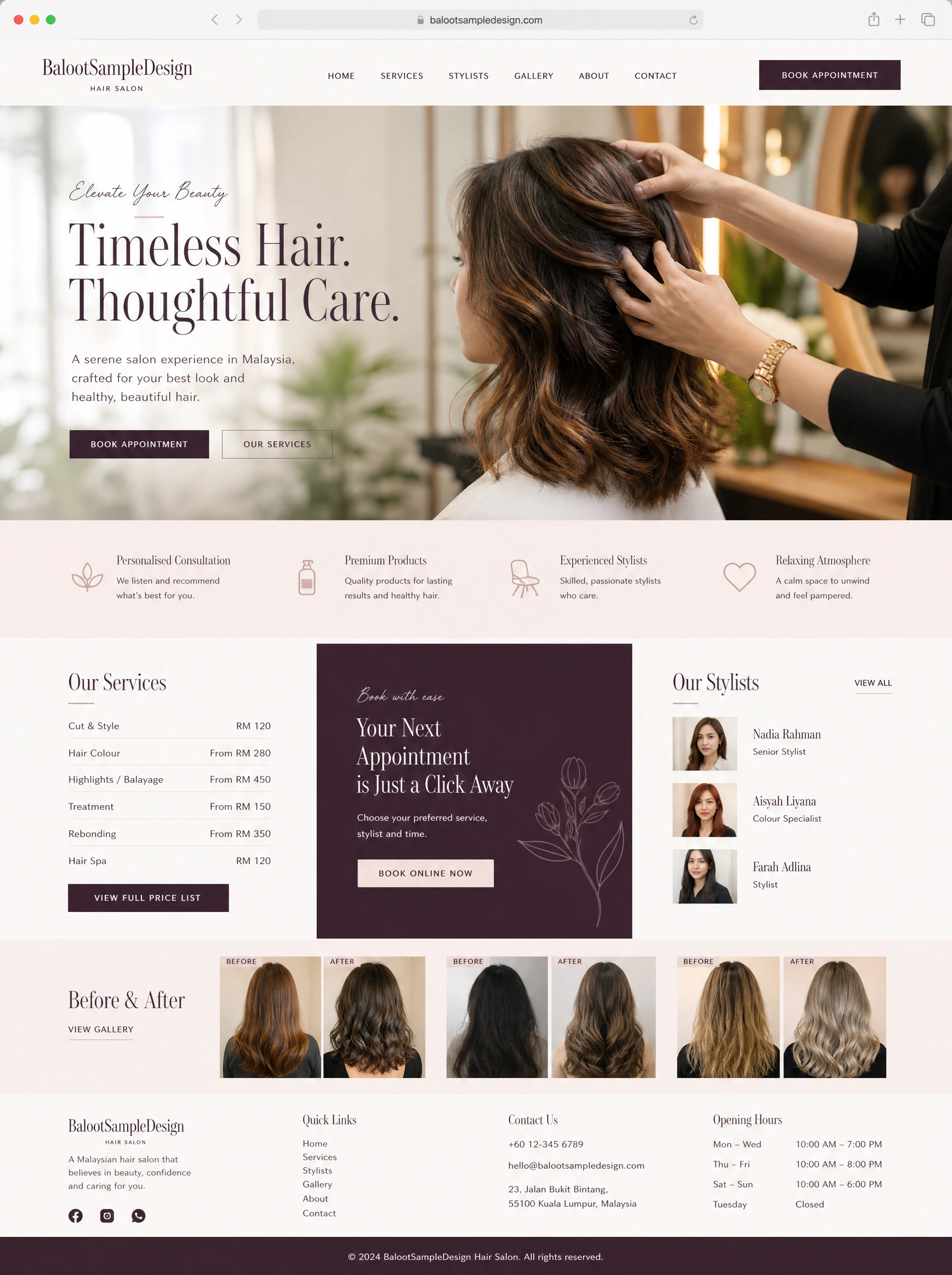 Hair Salon website design concept by Baloot.my — full homepage layout for a Malaysian hair salon business