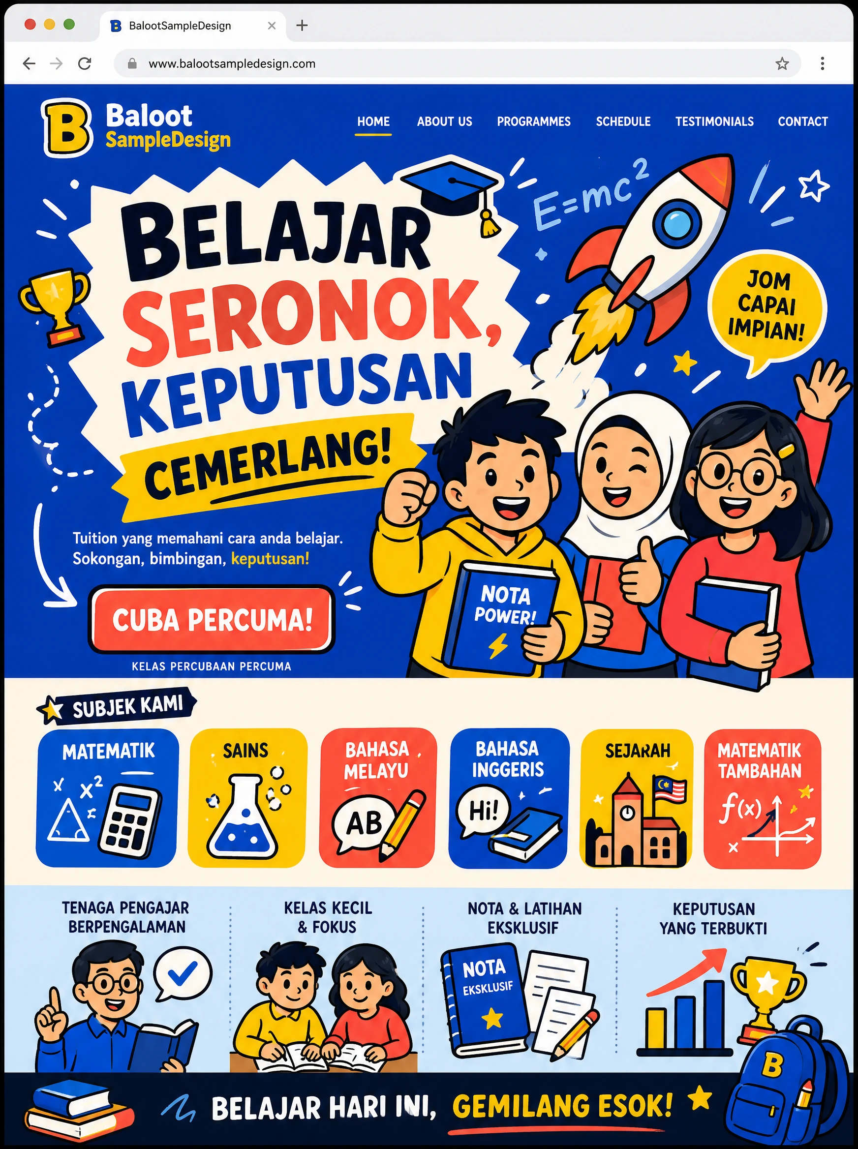 Tuition Centre website design concept by Baloot.my — full homepage layout for a Malaysian tuition centre business