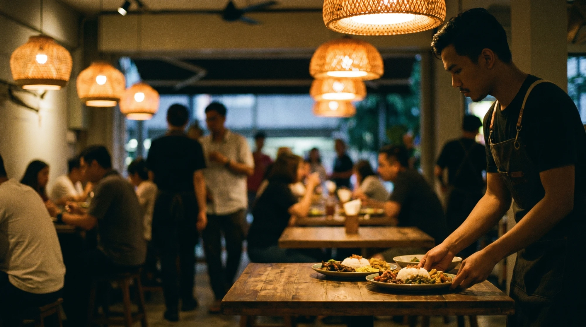 Suasana restoran moden di Malaysia pada waktu malam dengan pelayan menghidang makanan tempatan