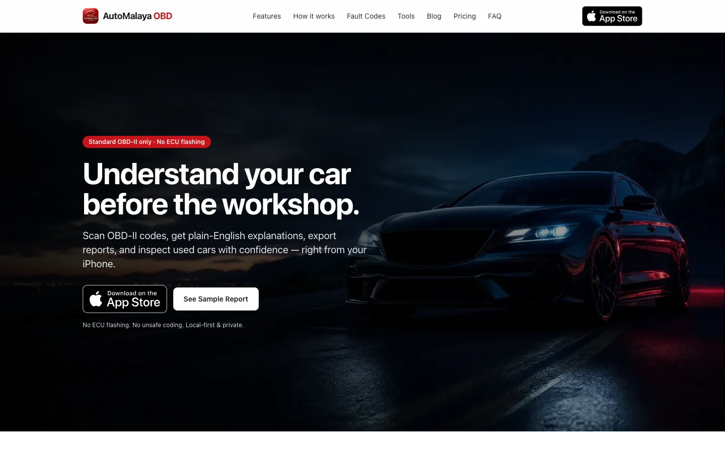 AutoMalaya OBD — Understand your car before the workshop — scan OBD-II codes, get plain-English answers, and inspect used cars from your iPhone.