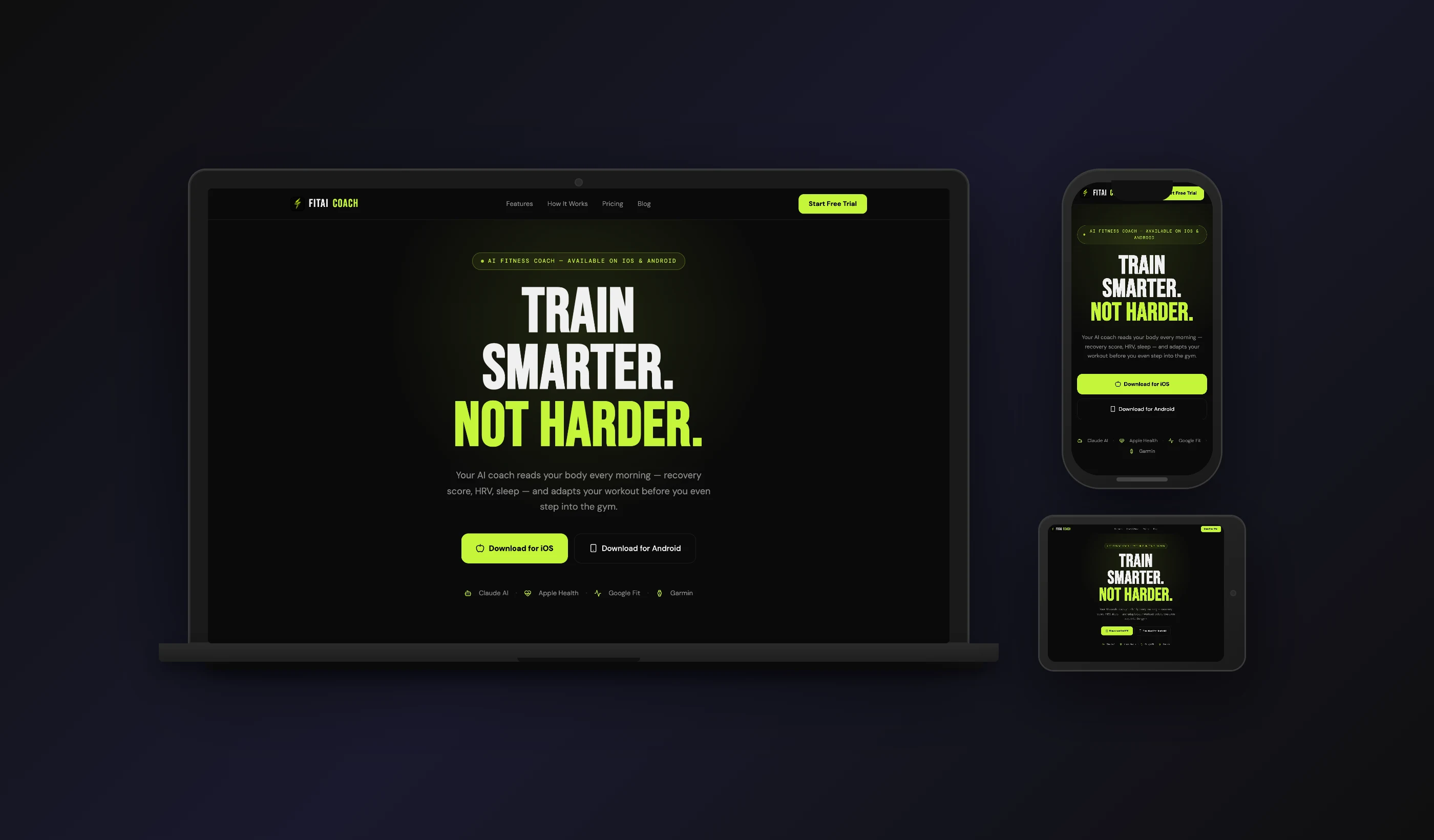 FitAI Coach — desktop, tablet & mobile design