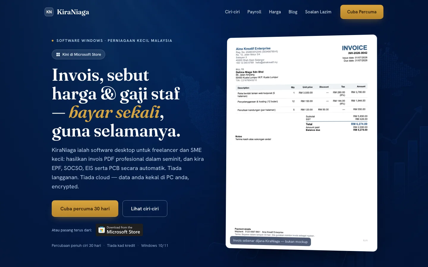 KiraNiaga — Invois, sebut harga & gaji staf — bayar sekali, guna selamanya.