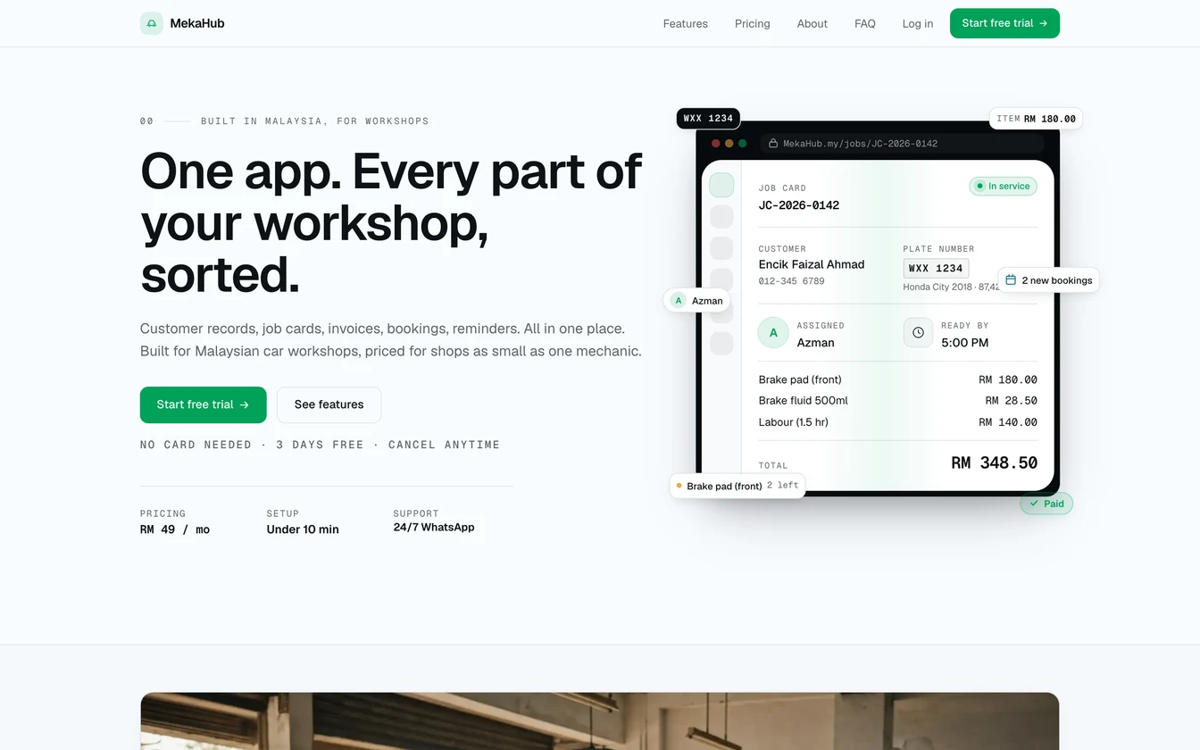 MekaHub — One app for the entire workshop — job cards, invoices, inventory, and reminders all in one place.