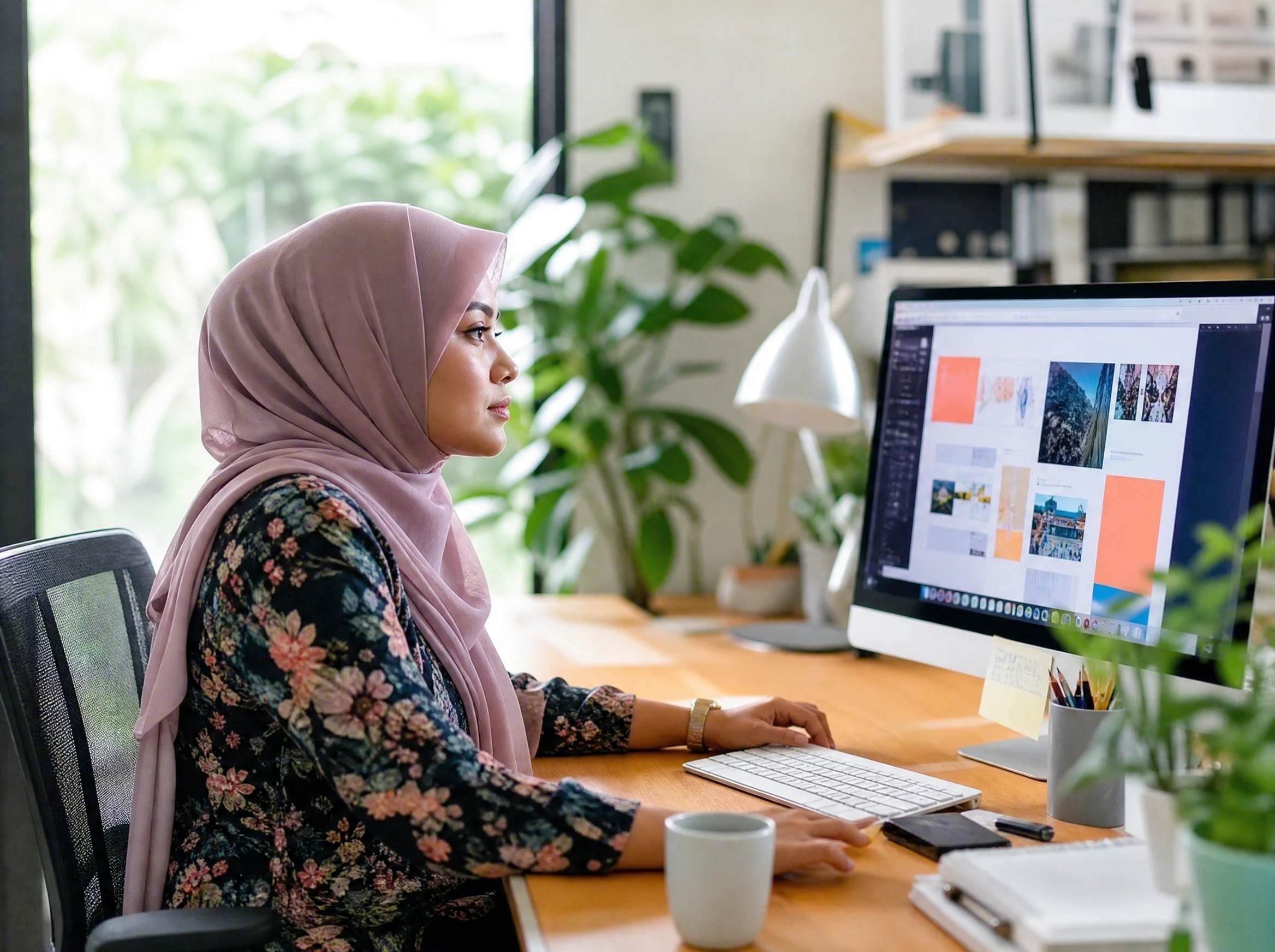 Malaysian web designer working on a website layout in a studio