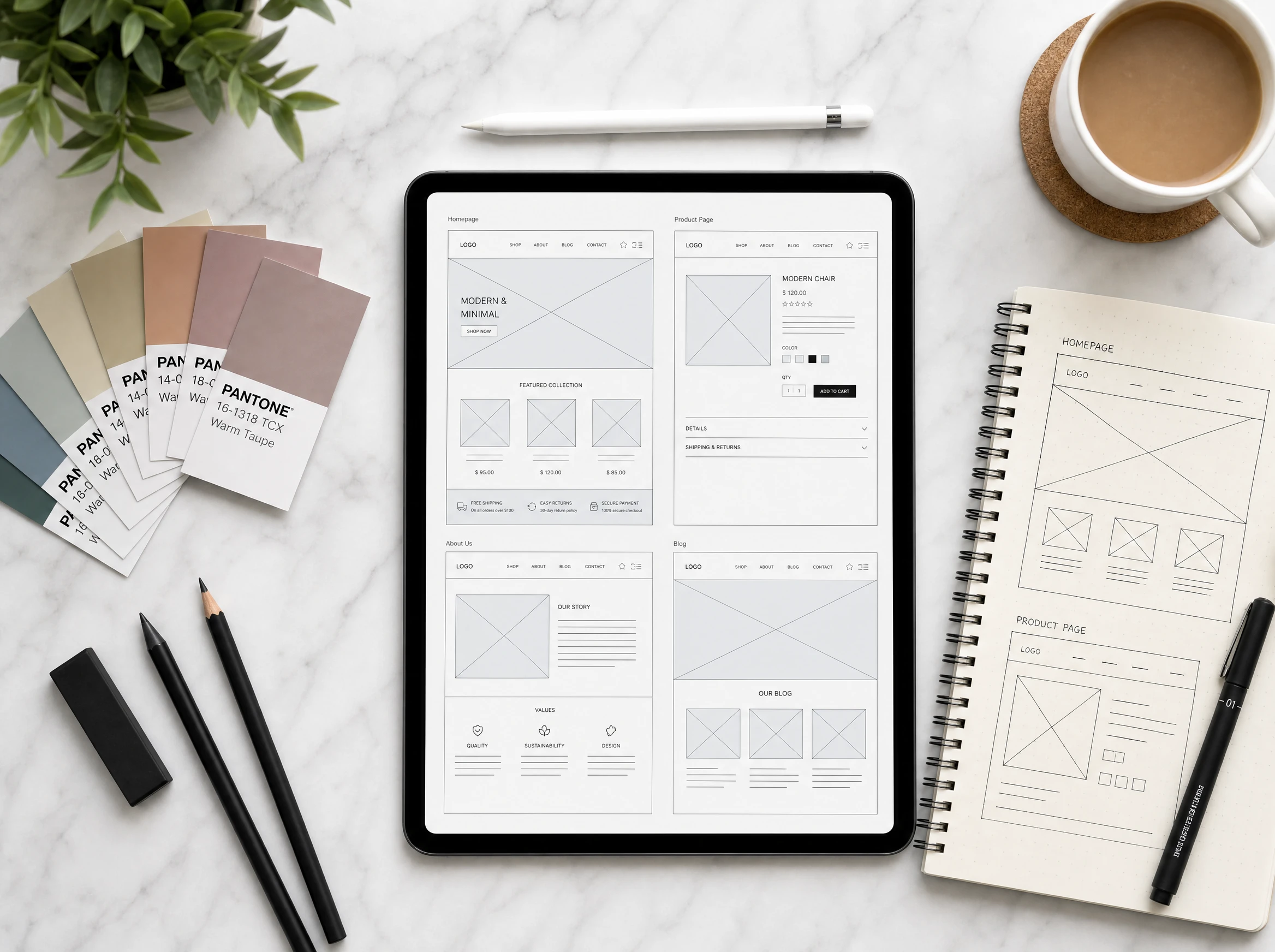 Web design tools — colour swatches, tablet, pens