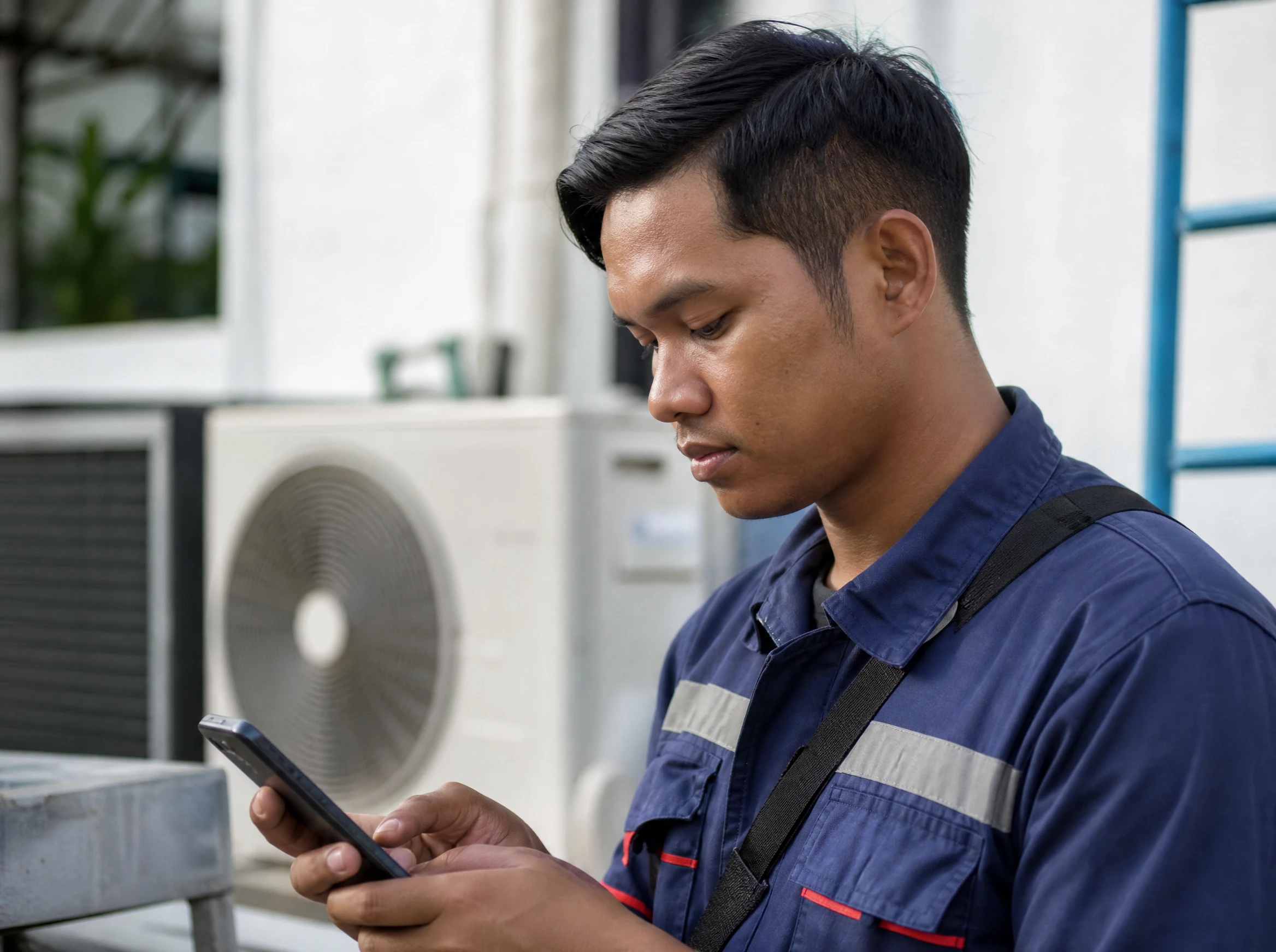 Malaysian technician checking job details on a mobile app