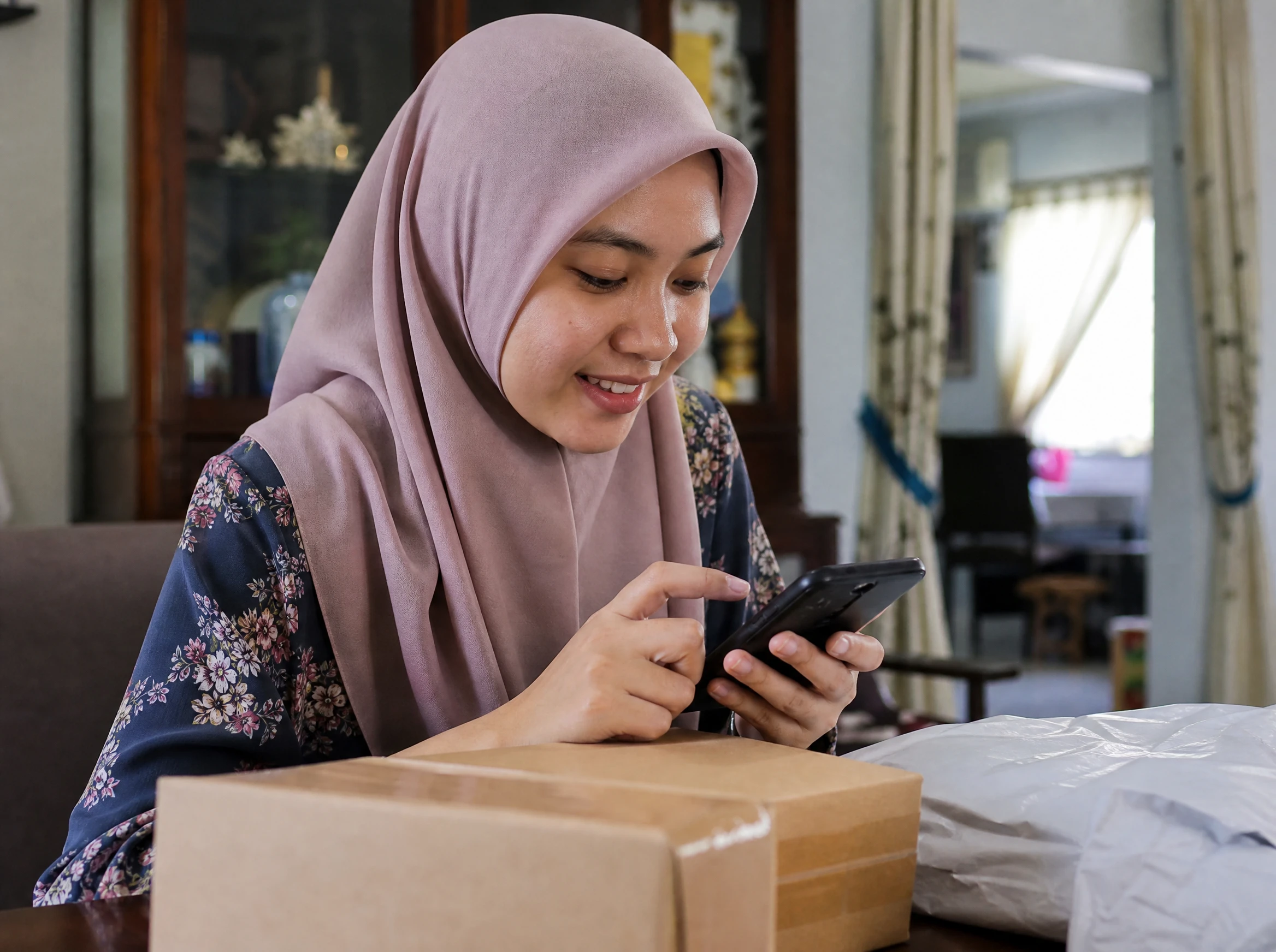 Malaysian woman shopping on a mobile app at home