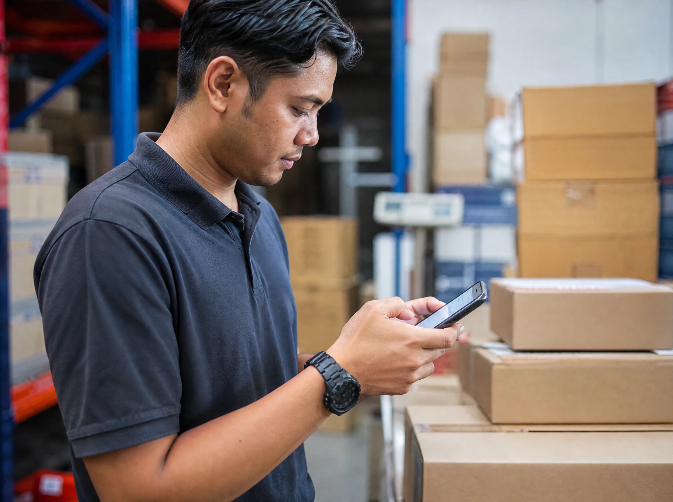 Malaysian staff using a delivery management app near parcels