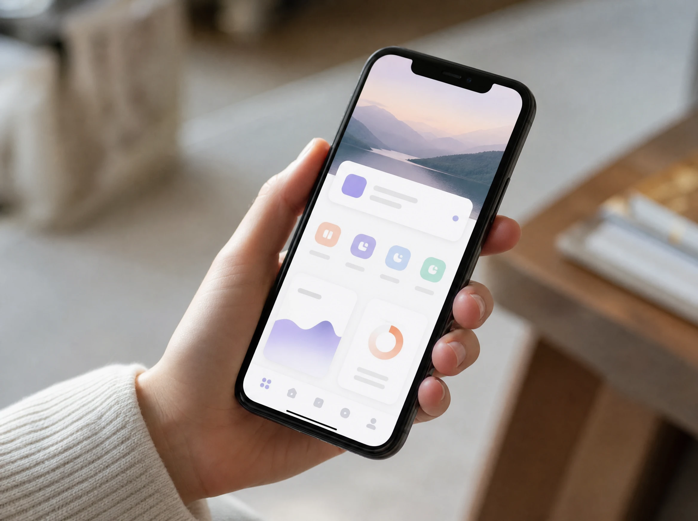 Hand holding a phone showing a polished native mobile app