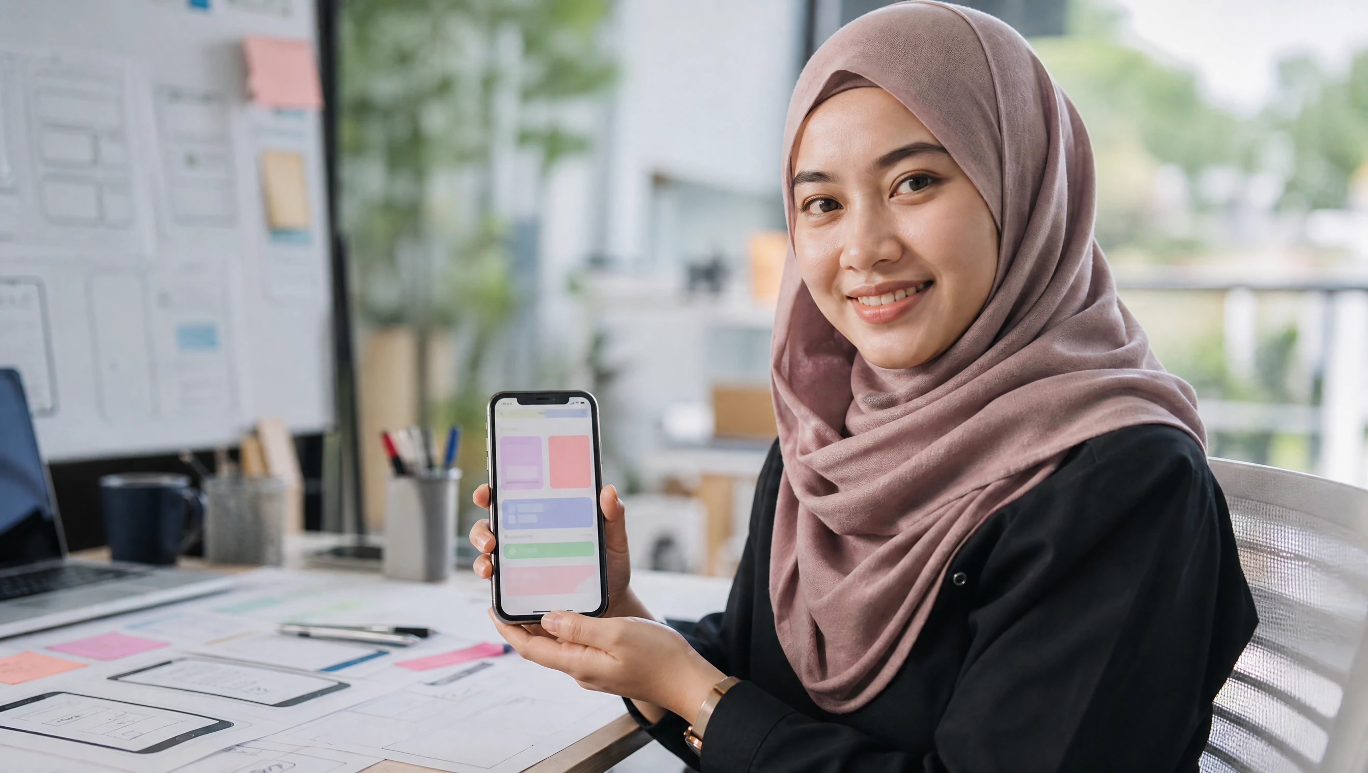 Malaysian mobile app designer holding a smartphone showing an app