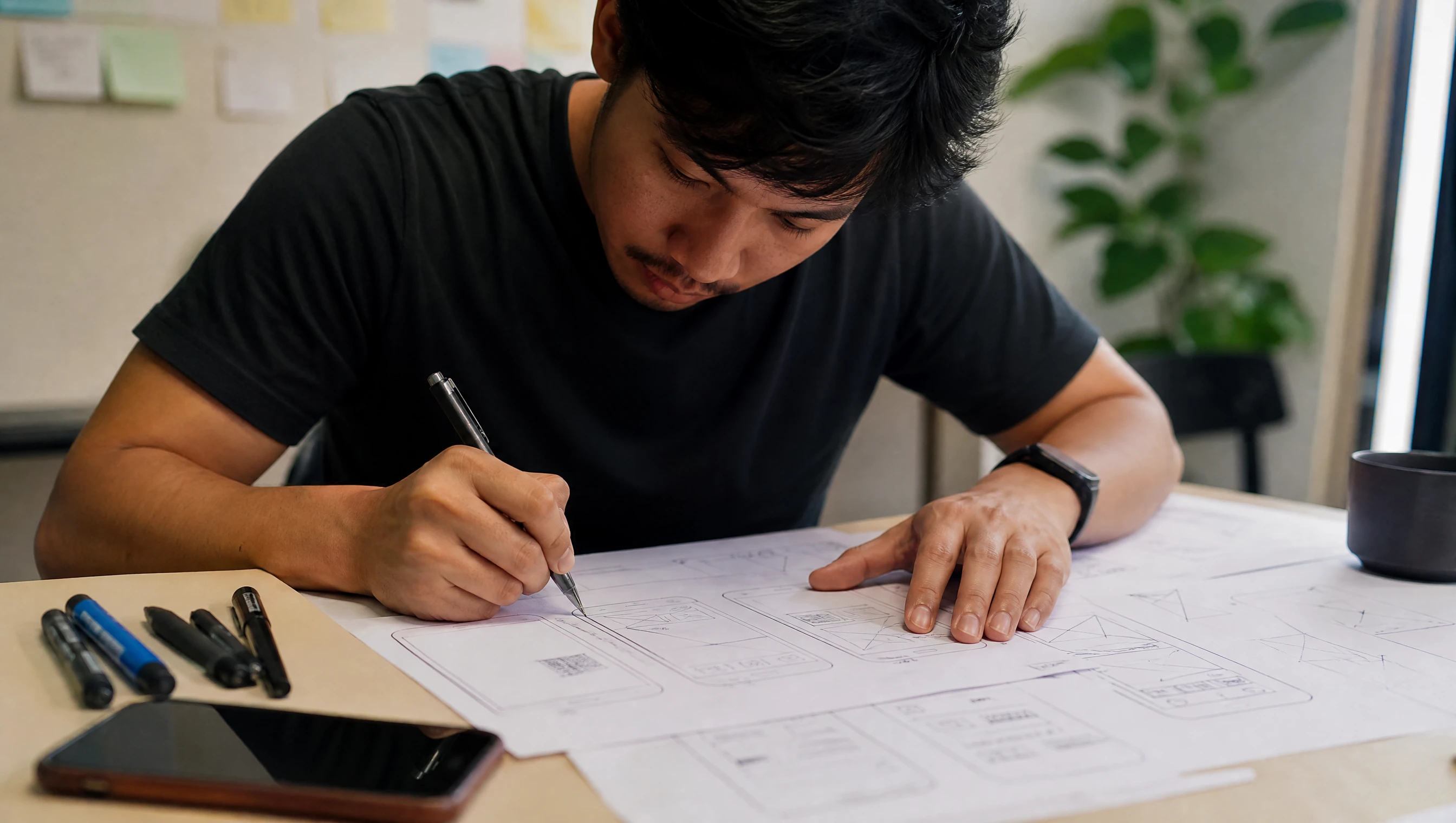 Malaysian designer sketching mobile app screen wireframes