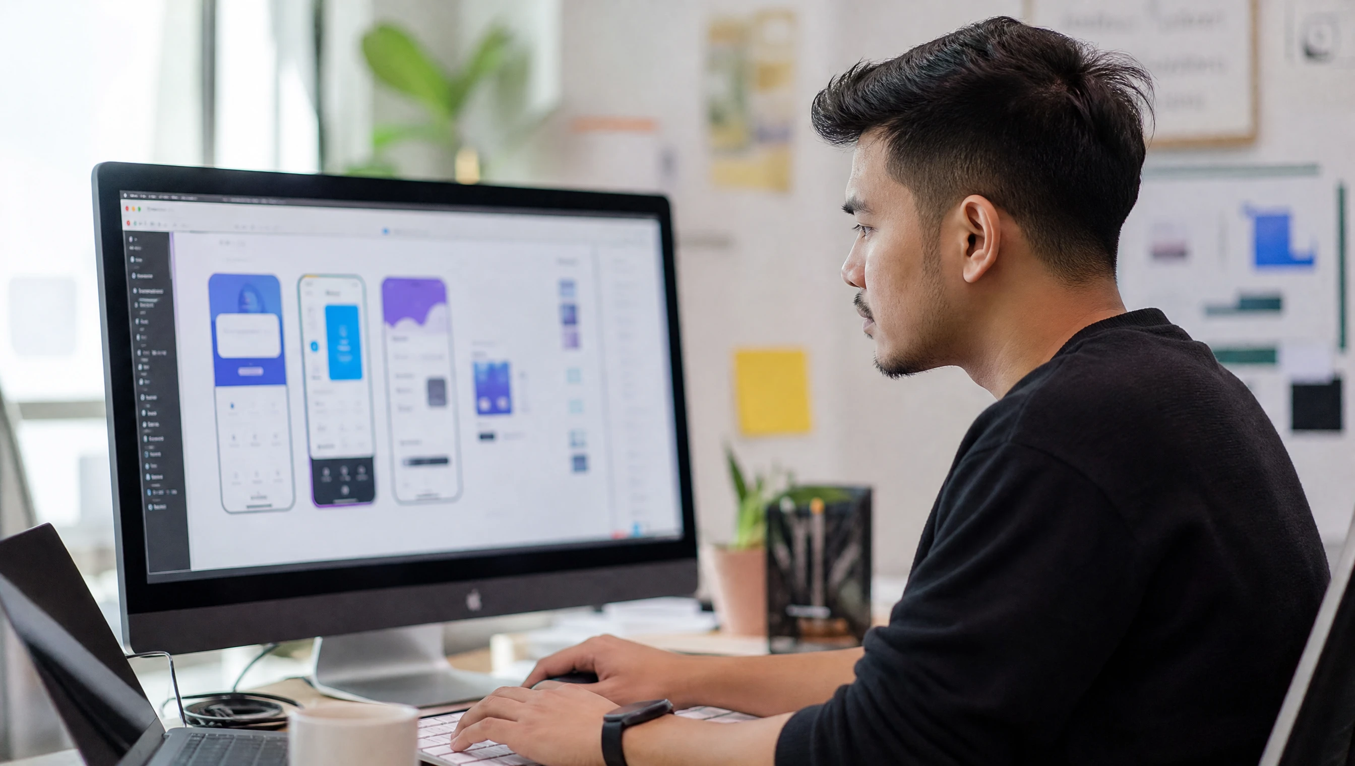 Designer working on mobile app UI with phone mockups