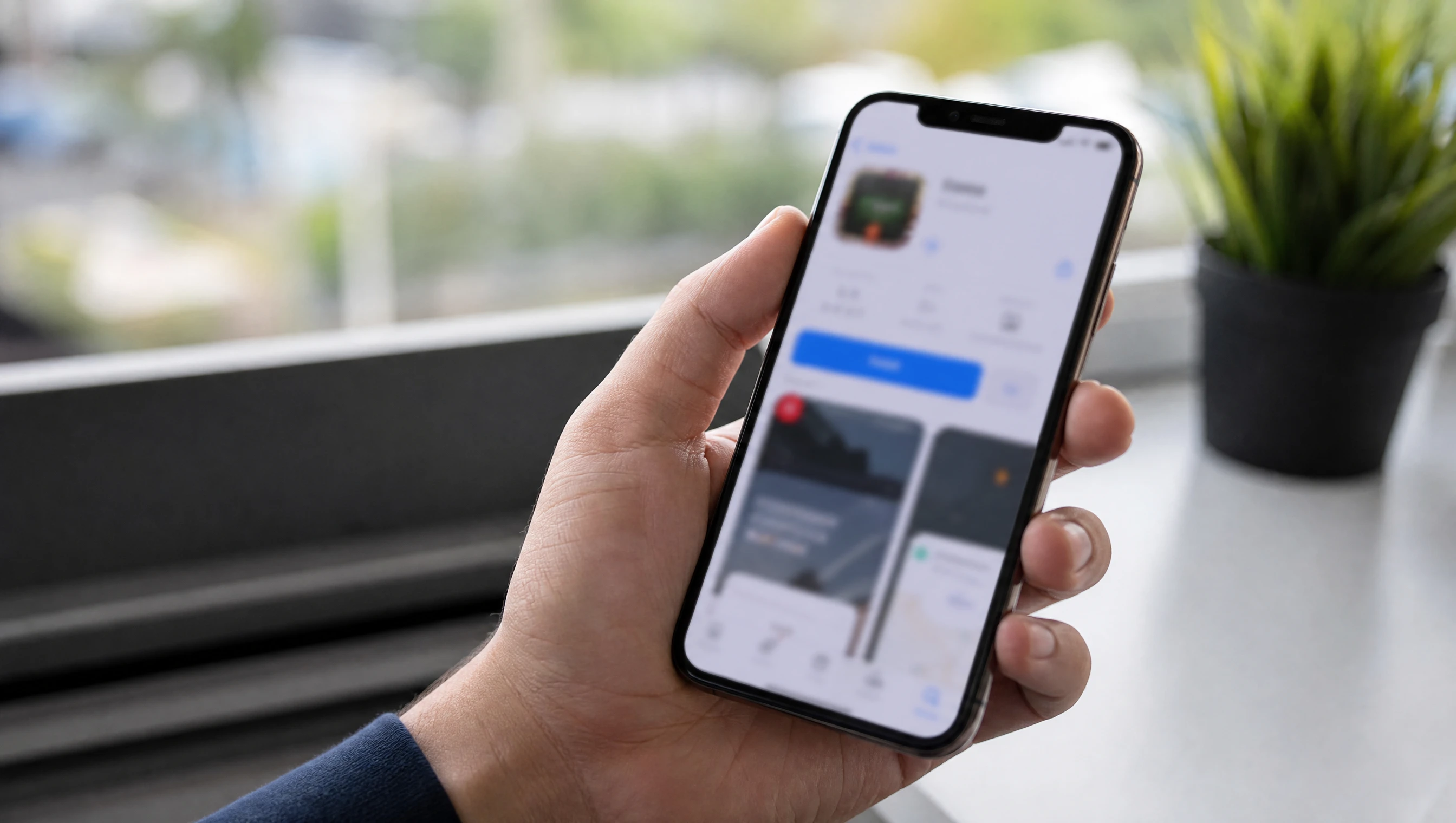 Hand holding a phone showing an app being installed from the store