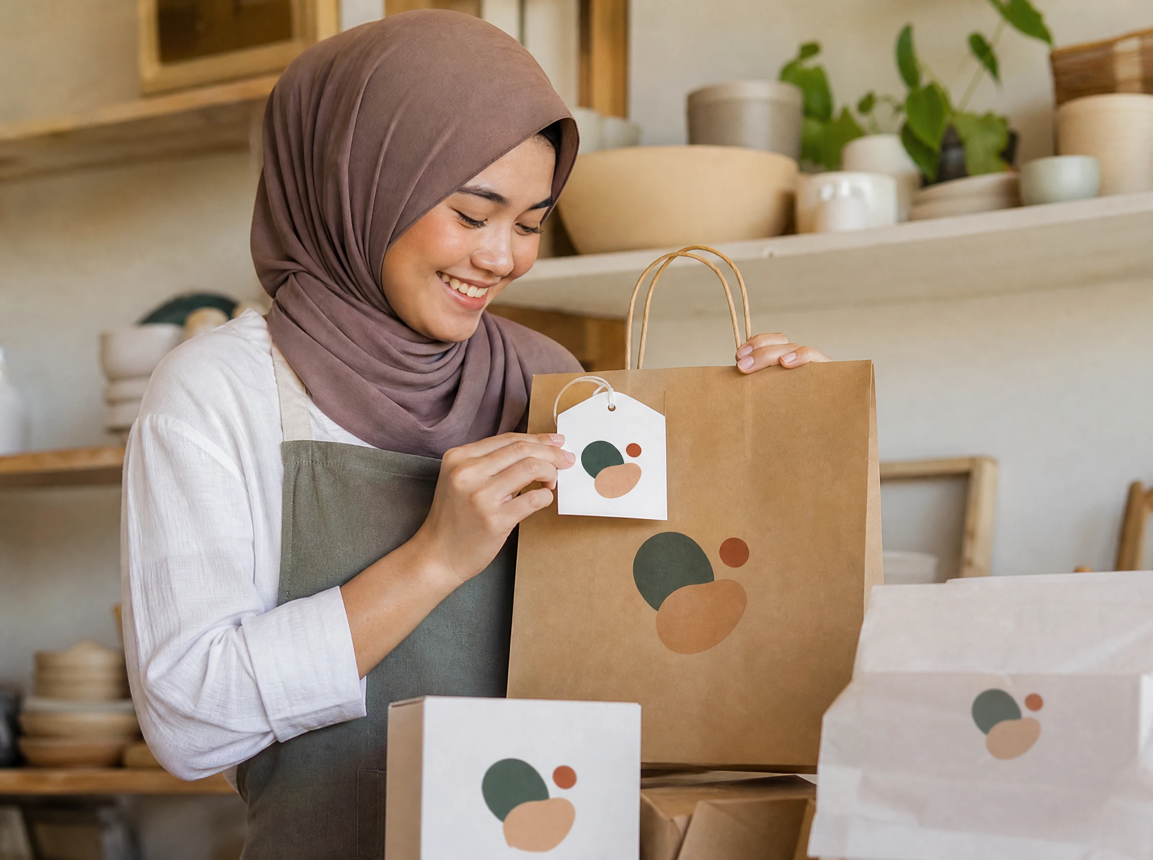 Malaysian business owner applying her new brand to packaging in her shop
