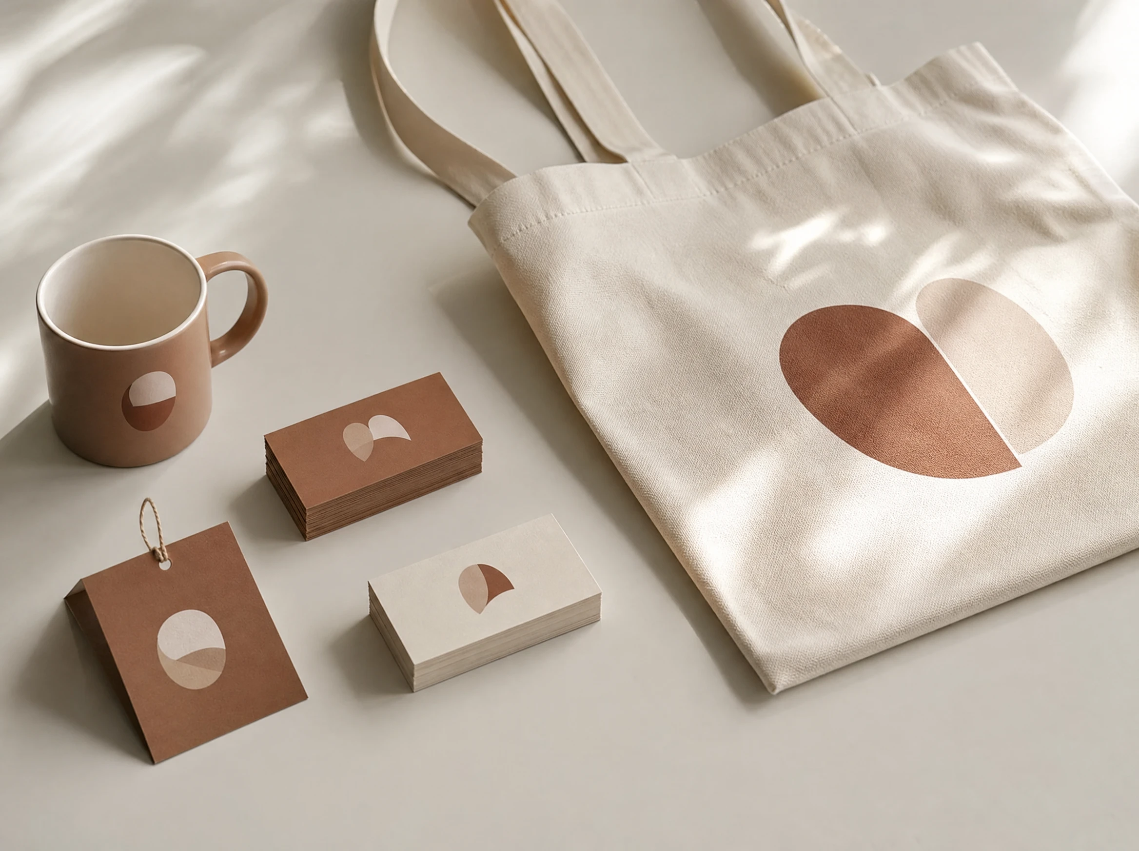A cohesive brand identity set, cards, tag, mug, and tote, sharing one mark